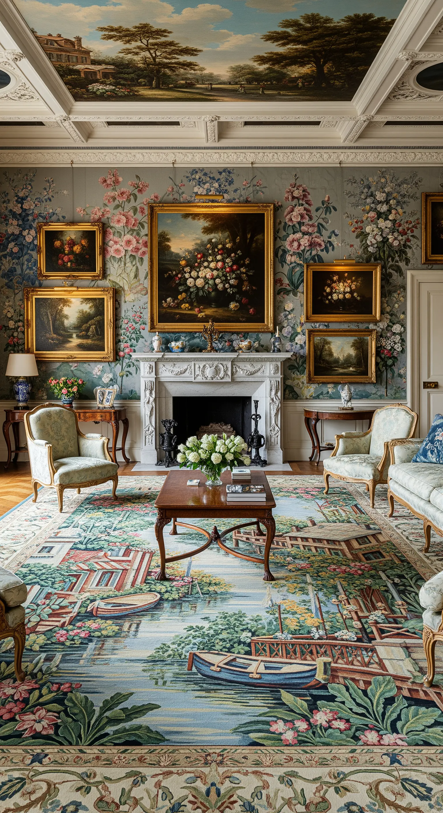 Salotto con carta da parati e tappeto coordinati a motivi floreali e paesaggistici.