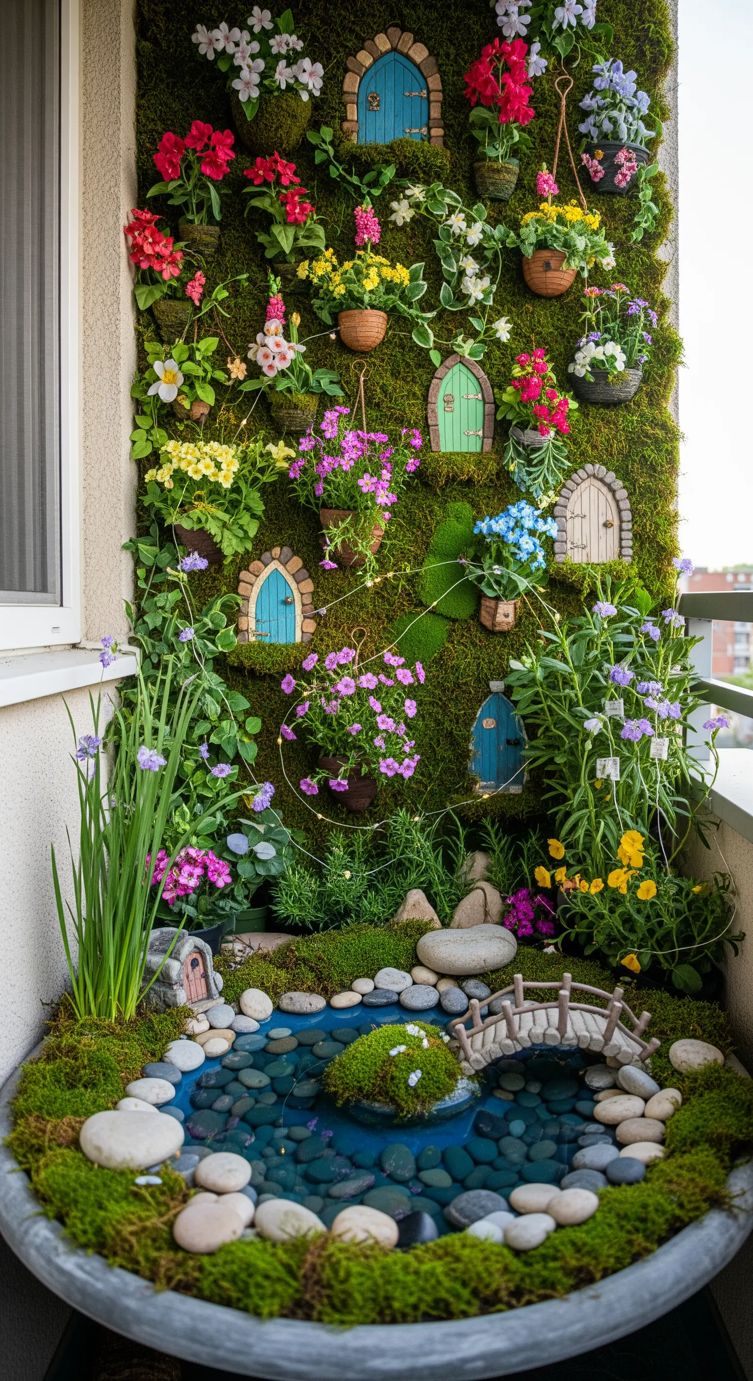 Giardino delle fate in miniatura su un balcone, con laghetto, ponticello e porticine colorate.