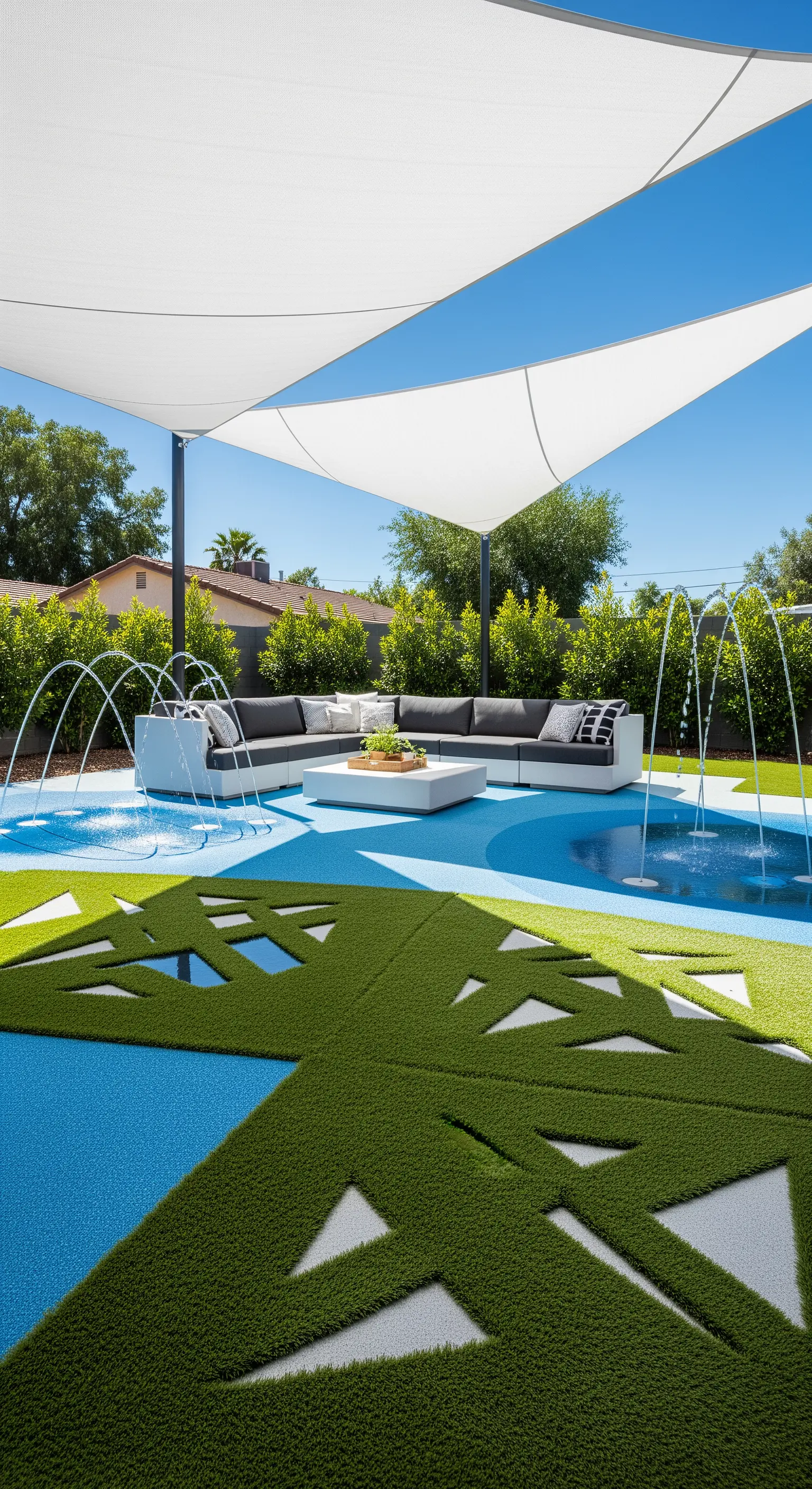 Area giochi moderna con pavimento blu, erba sintetica con tagli geometrici e zampilli d'acqua