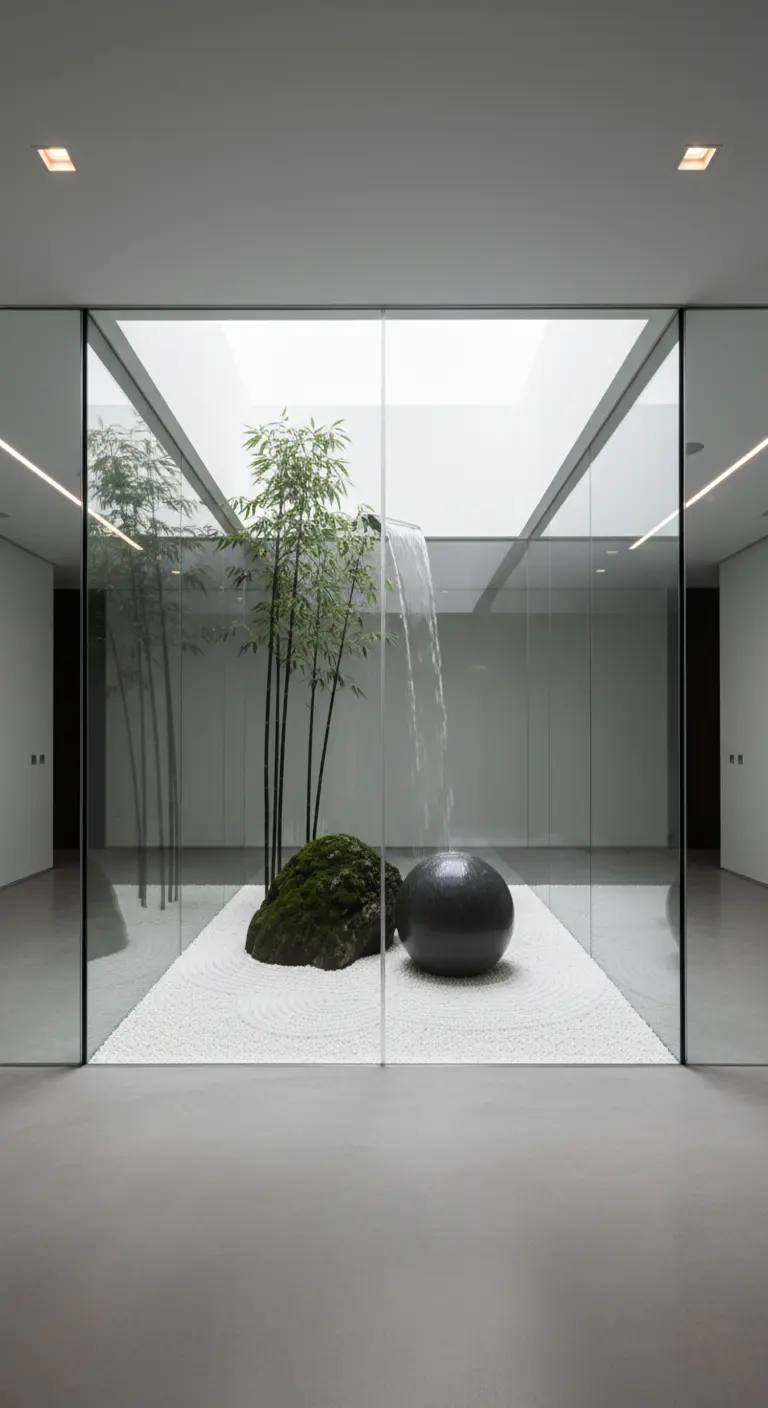 Giardino zen racchiuso da pareti di vetro con sabbia bianca, rocce, bambù e una cascata.