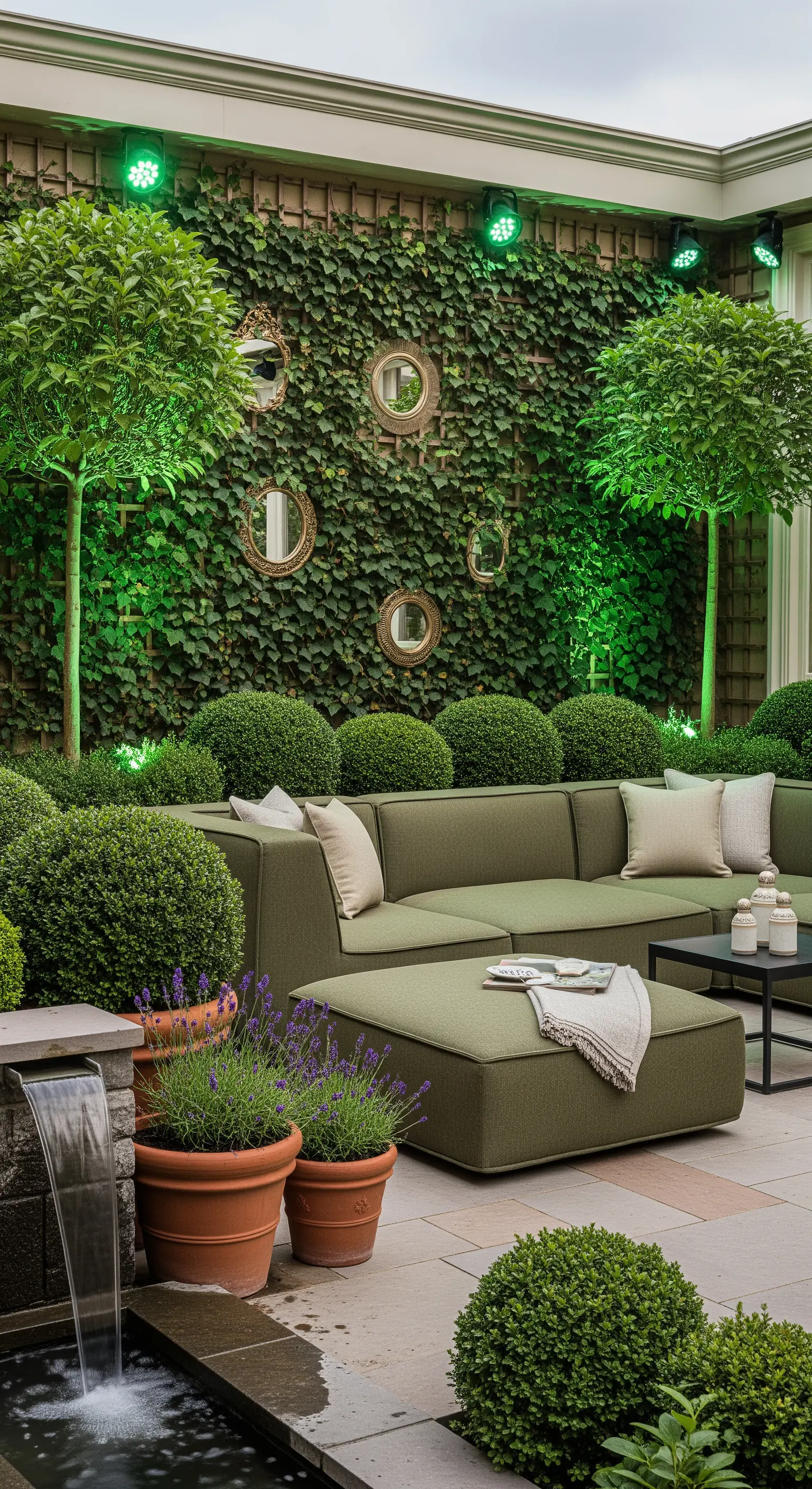 Giardino con parete di edera, divano verde e piccoli specchi decorativi appesi tra le piante