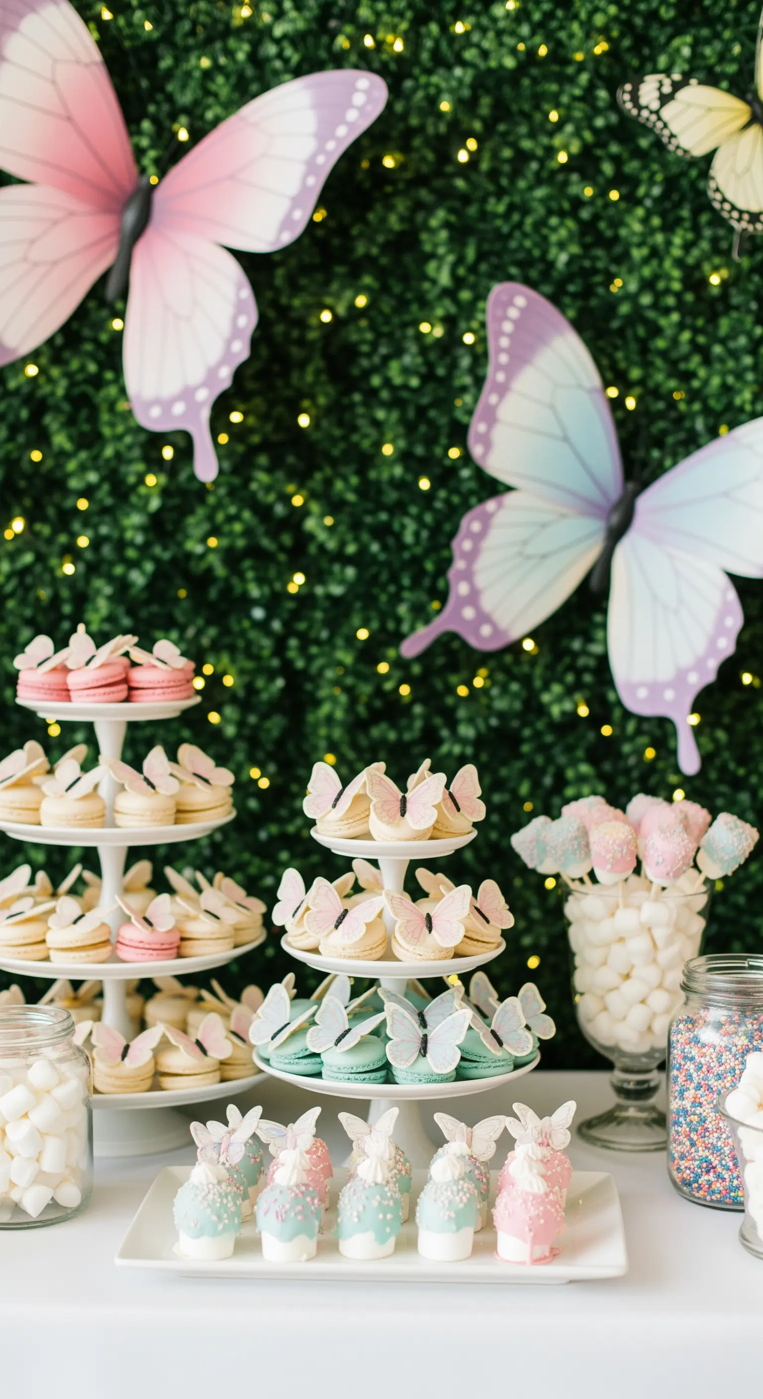 Candy bar con sfondo di foglie verdi e grandi farfalle di carta lilla; macarons con farfalline.