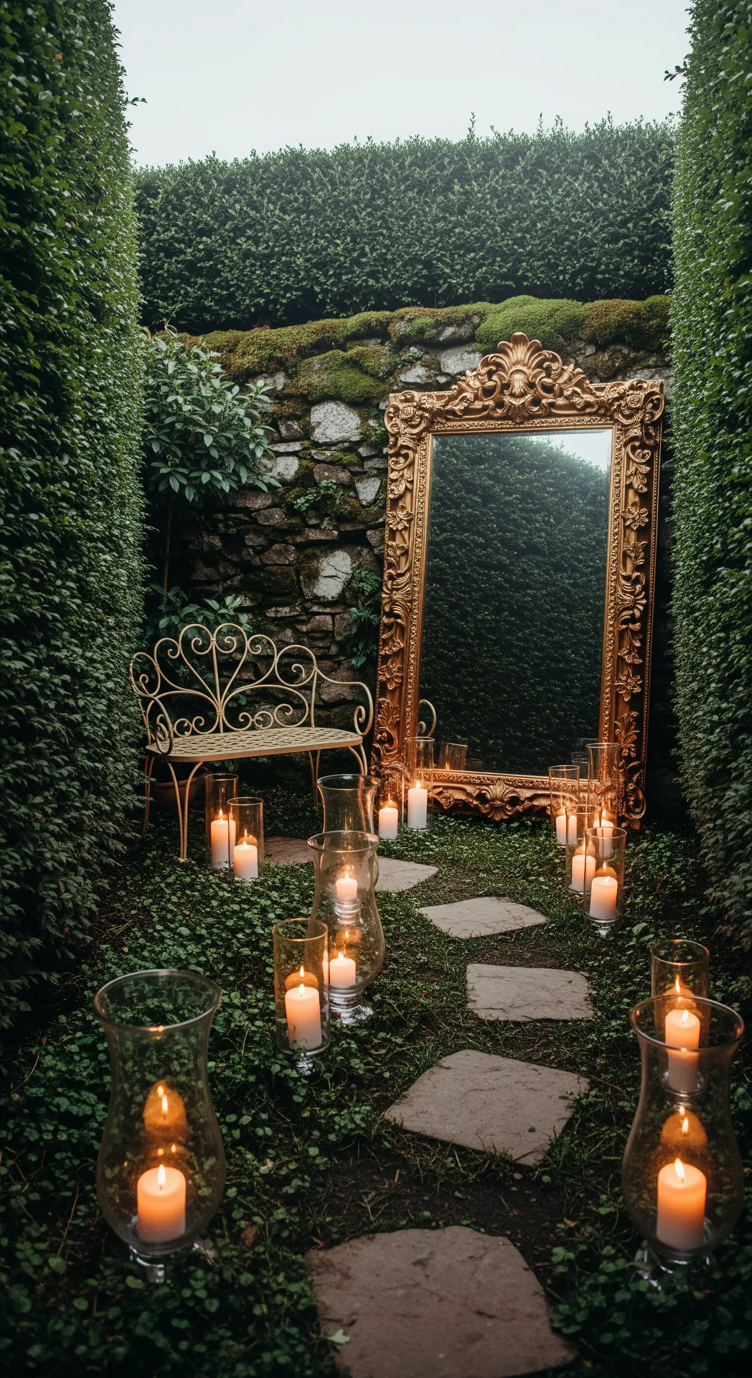 Specchio dorato e panchina in ferro battuto in un angolo di giardino incantato.