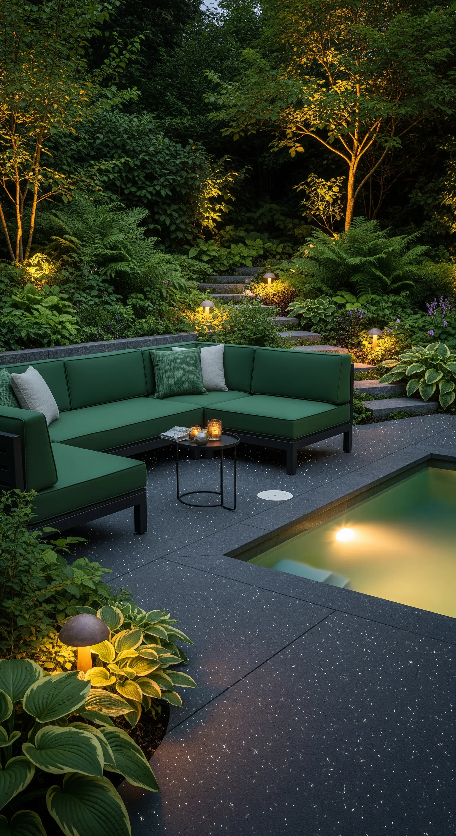 Giardino rigoglioso di notte con un divano verde scuro e luci soffuse e basse tra le piante.