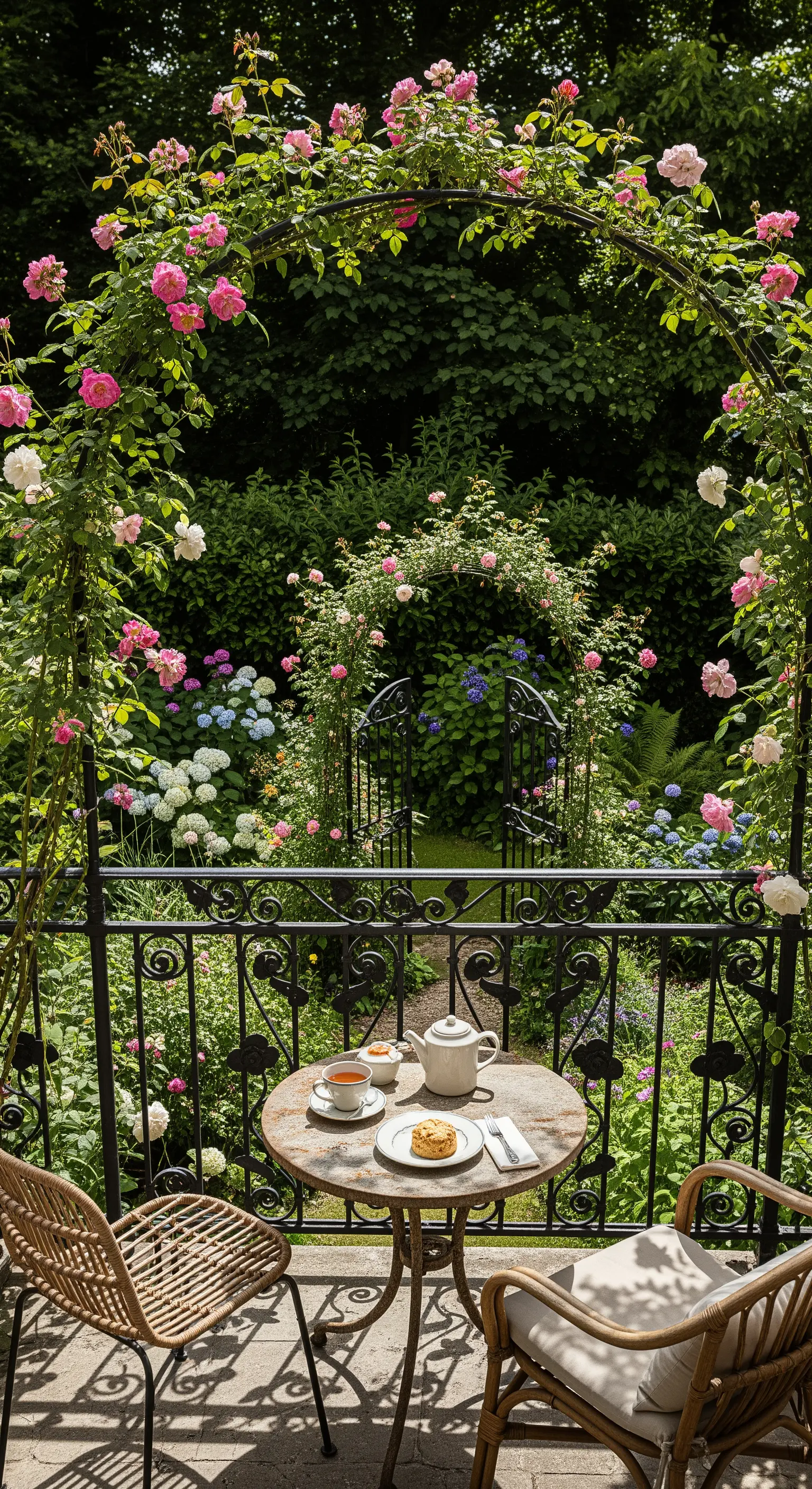 Balcone trasformato in un piccolo giardino con un arco di rose e sedie in rattan