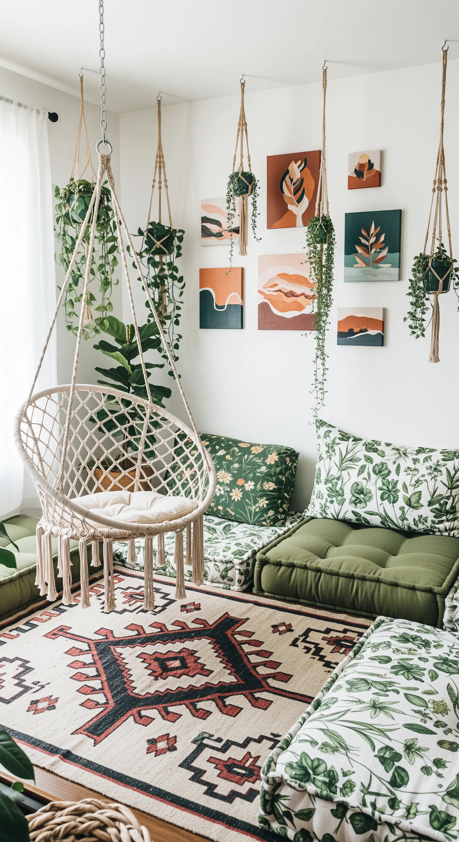 Angolo bohémien con poltrona sospesa in macramè, cuscini a terra e numerose piante appese alla parete.