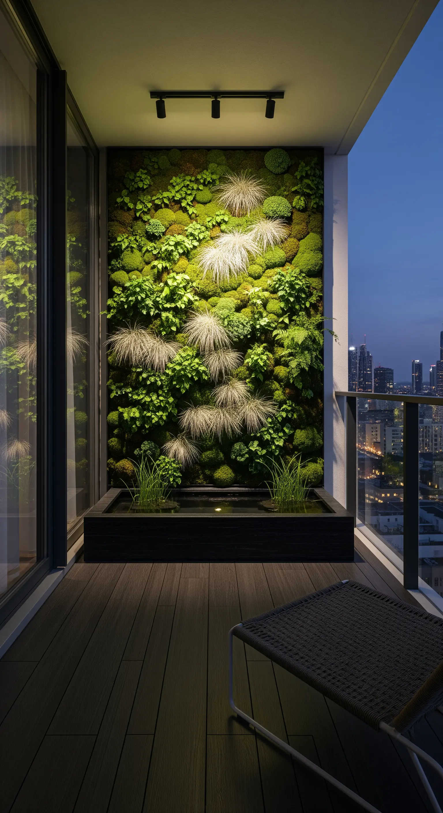 Parete verde verticale illuminata di notte su un balcone moderno con piccola fontana.