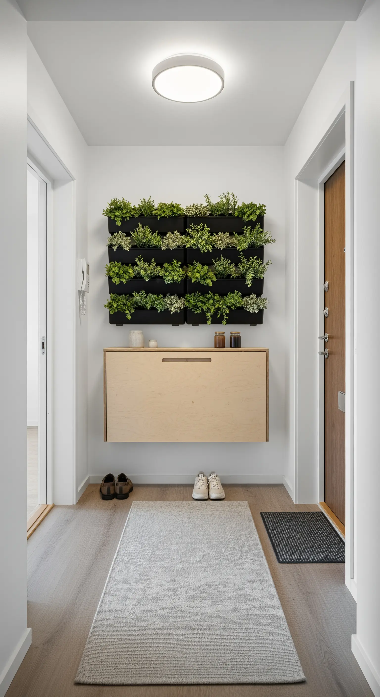 Ingresso con scarpiera sospesa in legno chiaro e un giardino verticale a parete.