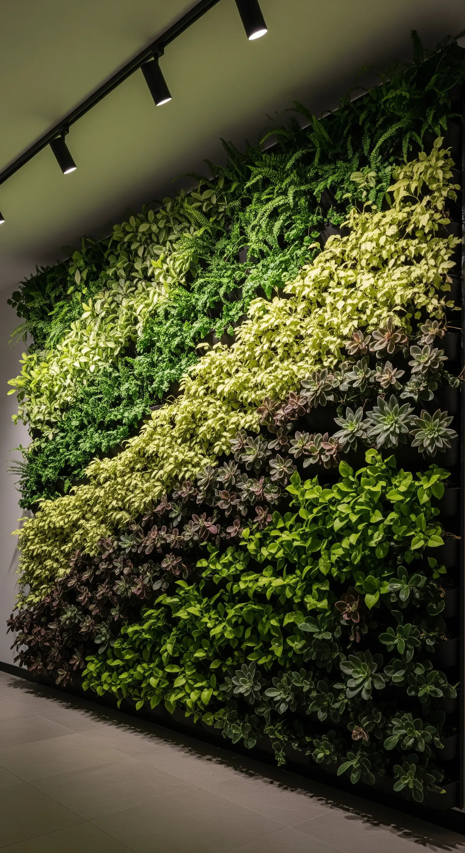 Parete verde verticale illuminata dall'alto da faretti su binario, che ne esaltano le texture.
