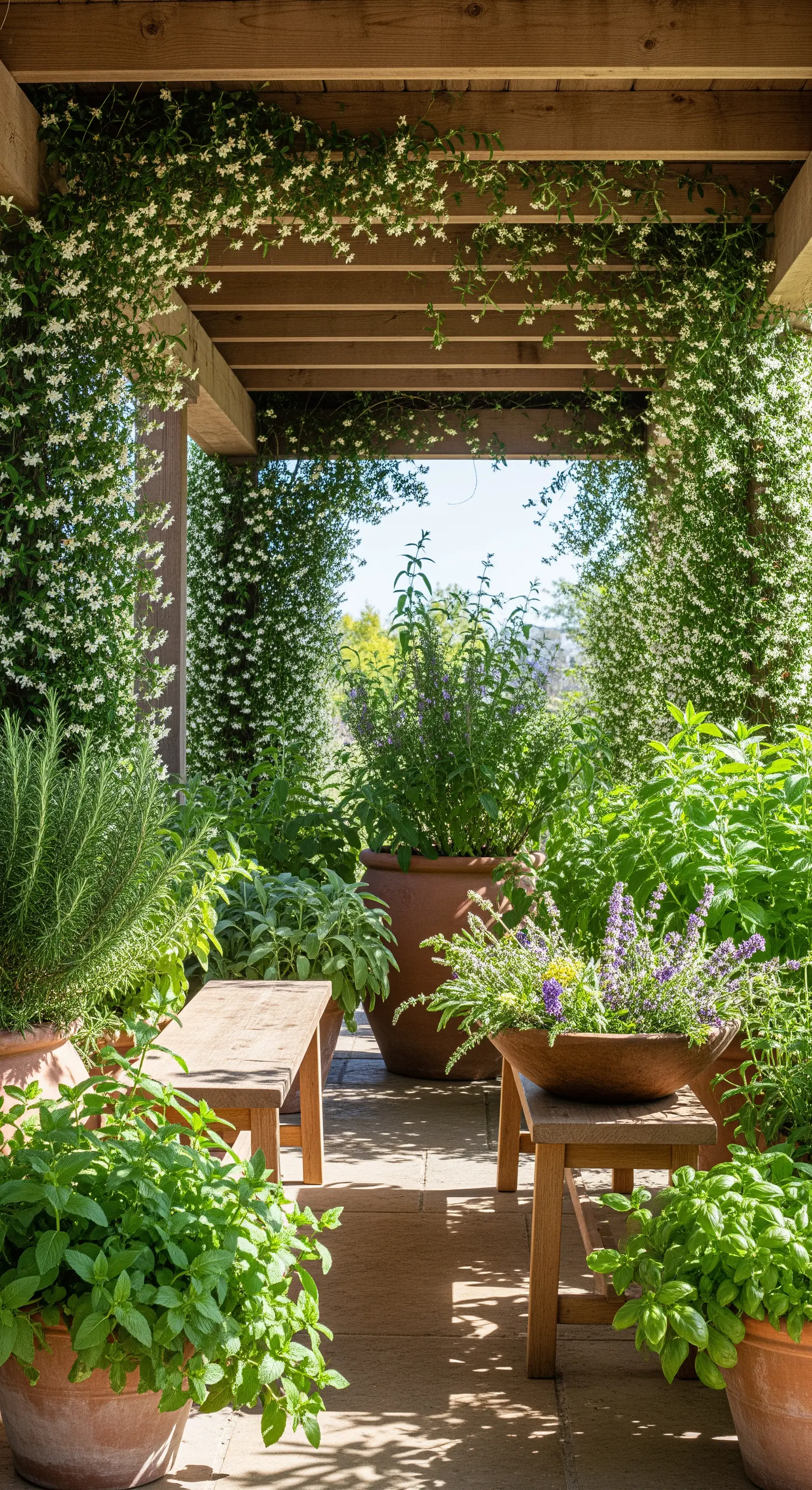 Portico lussureggiante con gelsomino rampicante e numerose piante aromatiche in vasi di terracotta.