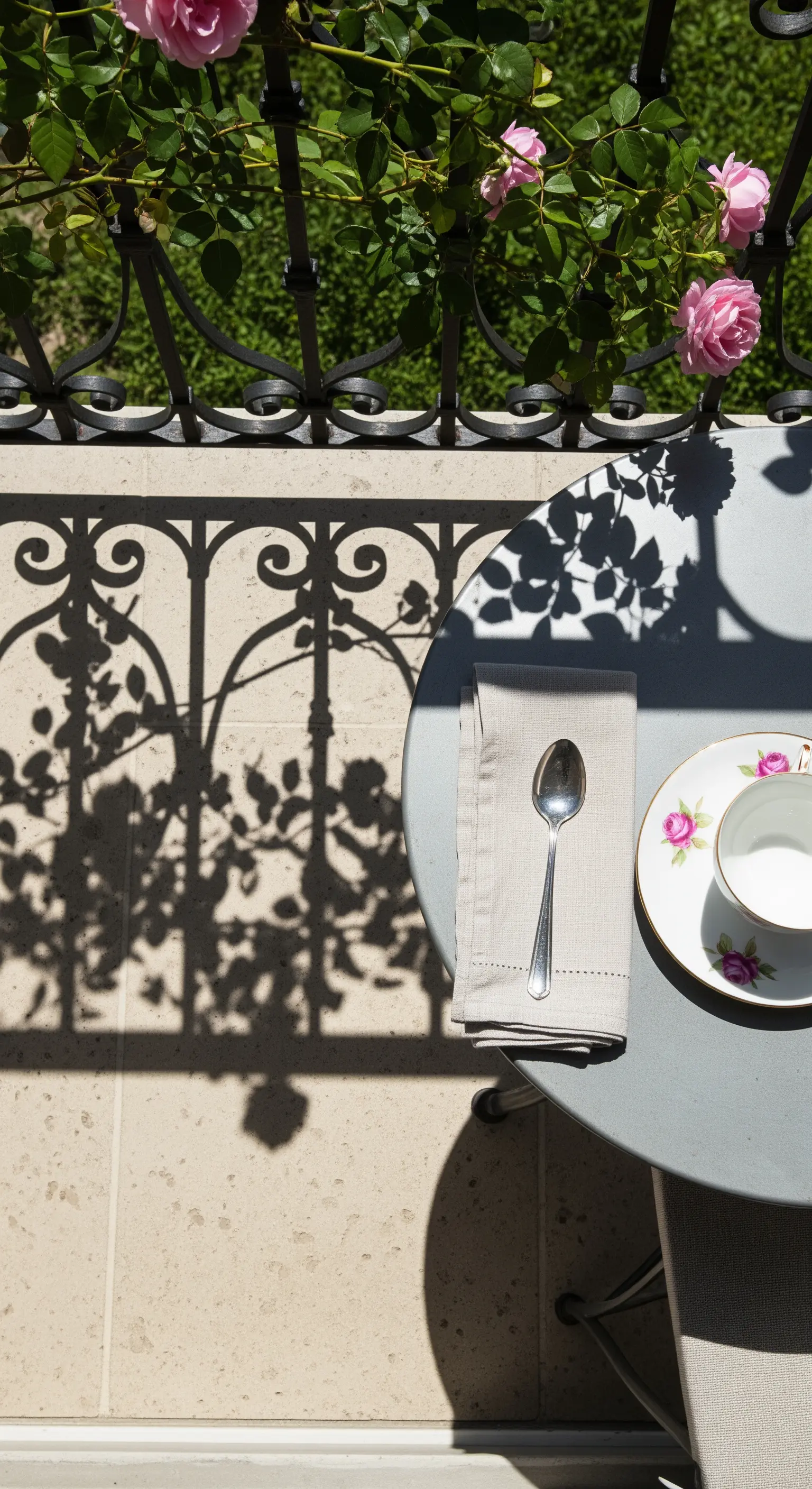 Ombra di una ringhiera in ferro battuto e di rose proiettata su un pavimento in pietra