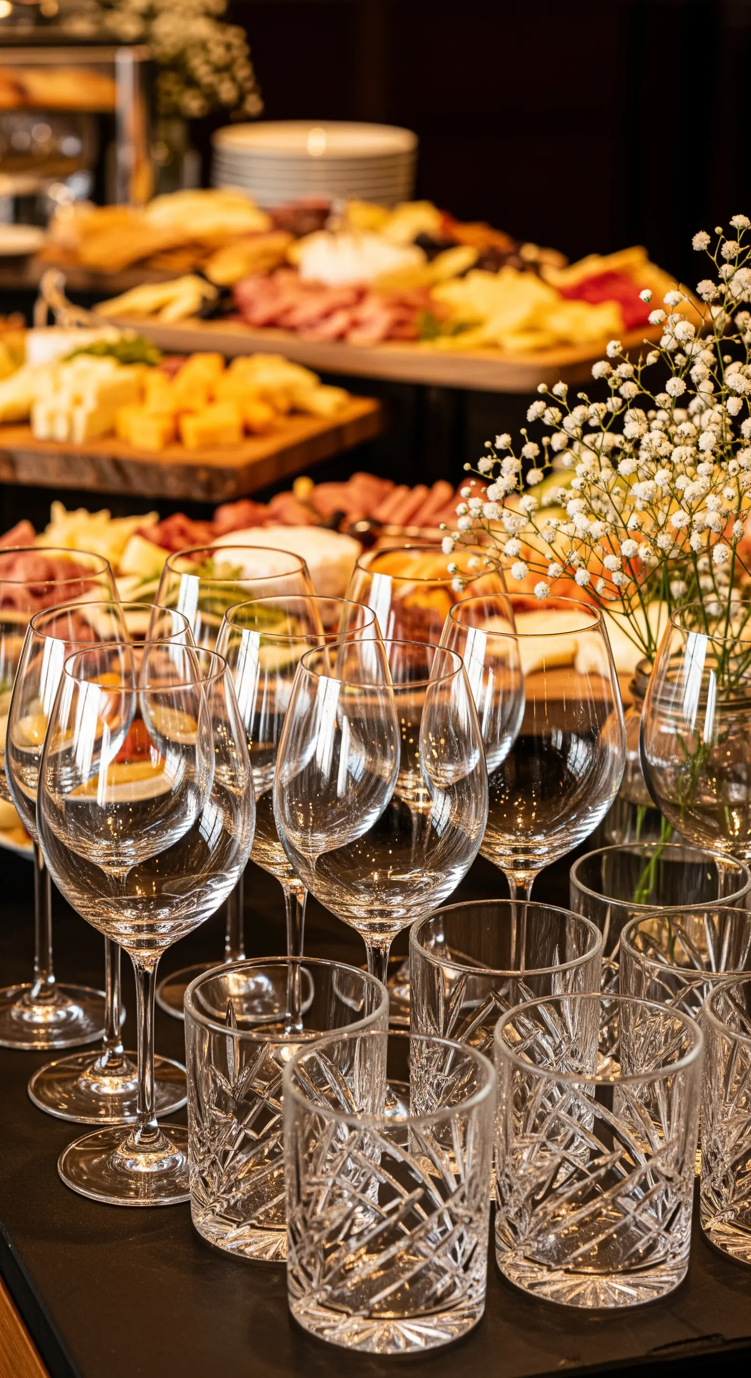 Bicchieri da vino e da acqua in cristallo intagliato disposti davanti a taglieri di formaggi.