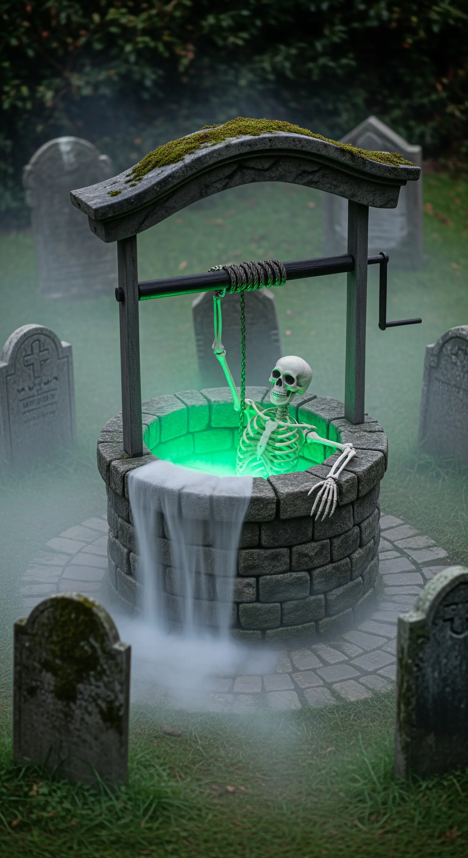 Uno scheletro emerge da un pozzo di pietra illuminato da una luce verde e avvolto dal fumo.