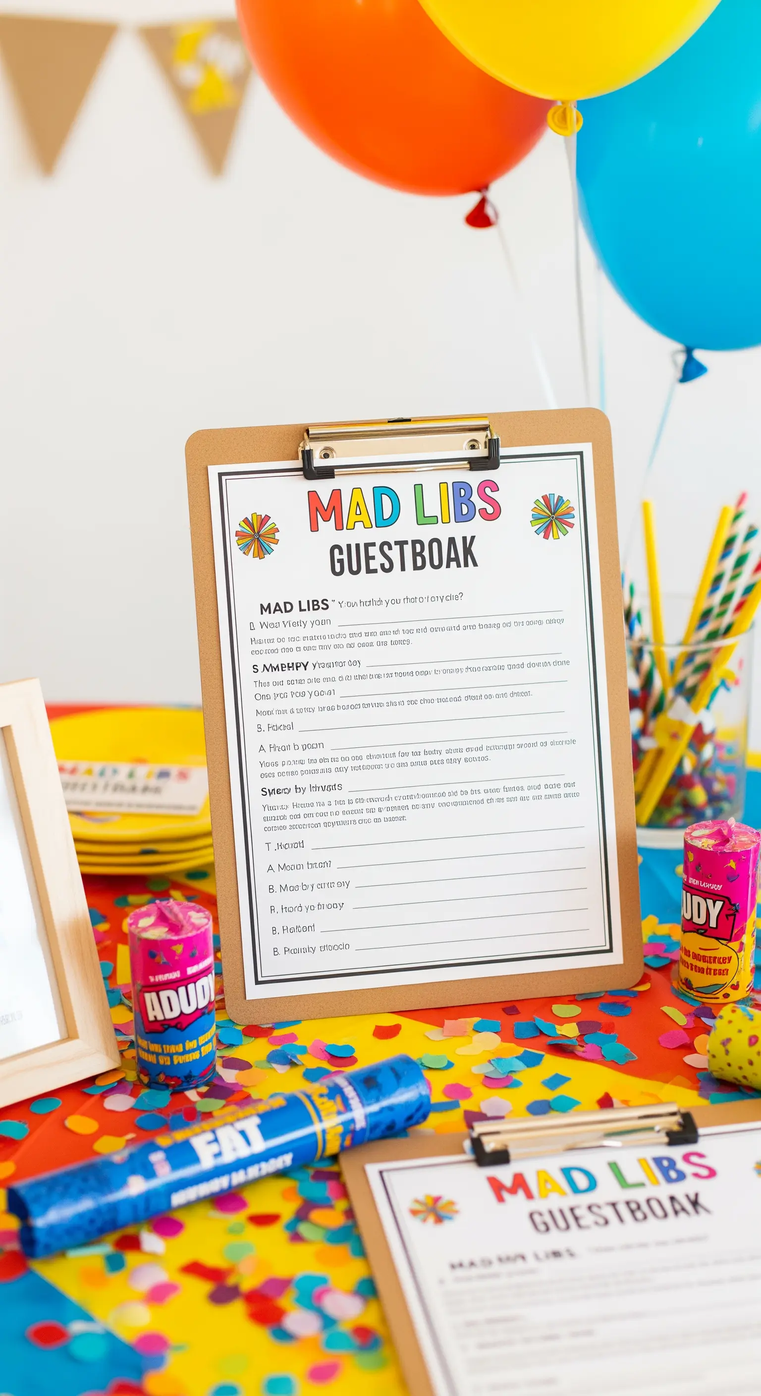Guestbook umoristico in stile 'Mad Libs' su una clipboard colorata