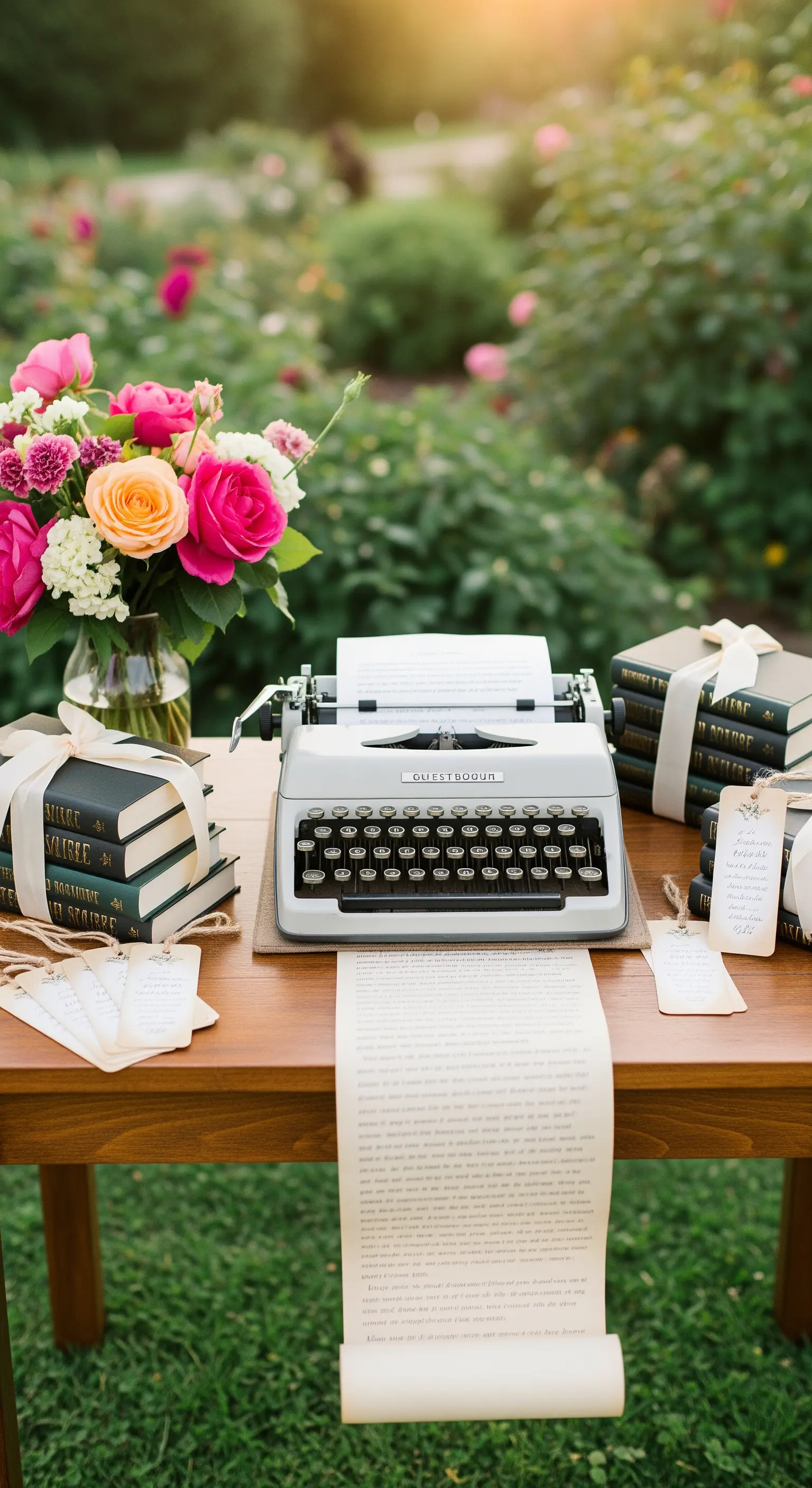 Postazione guestbook con macchina da scrivere vintage, libri e fiori in un giardino.
