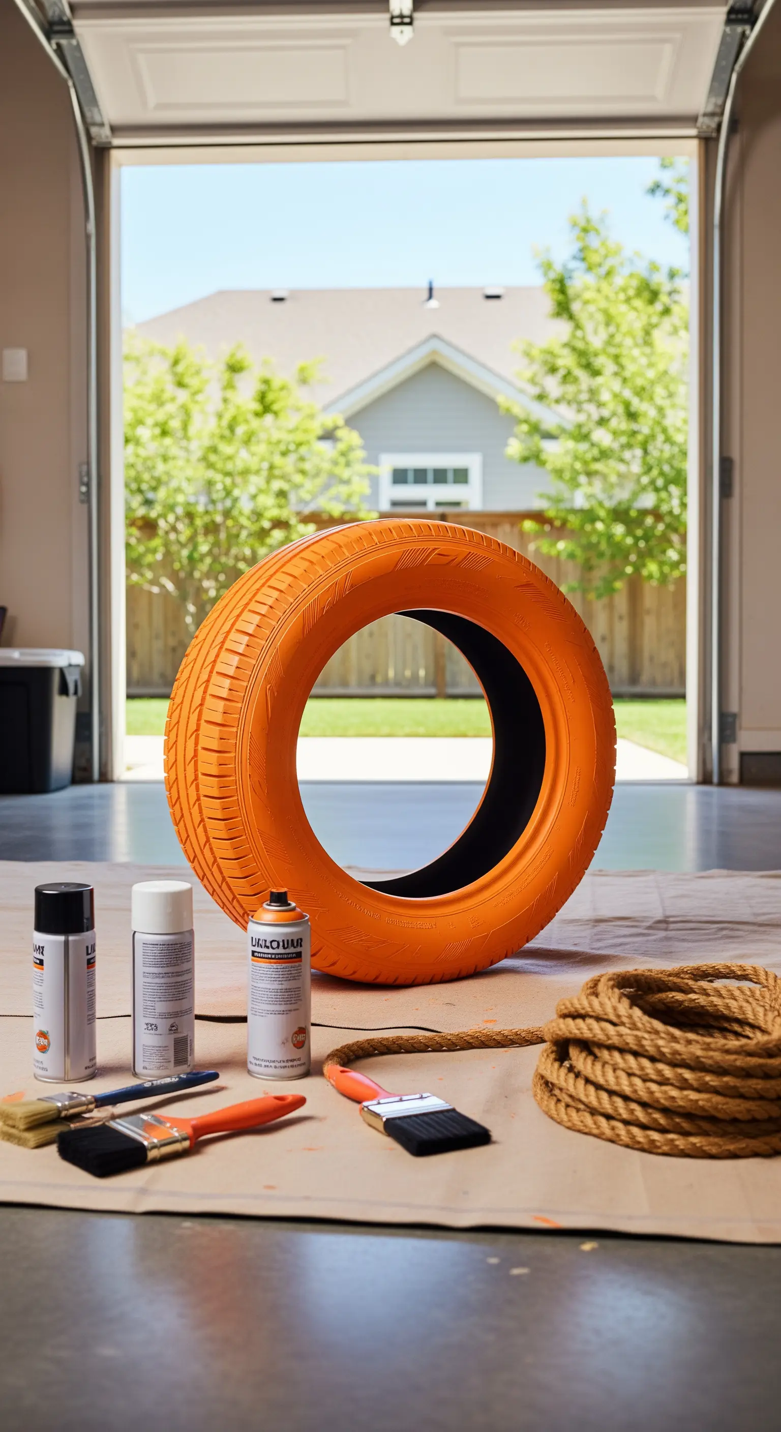 Kit per progetto fai-da-te: pneumatico arancione, bombolette spray, corda e pennelli.