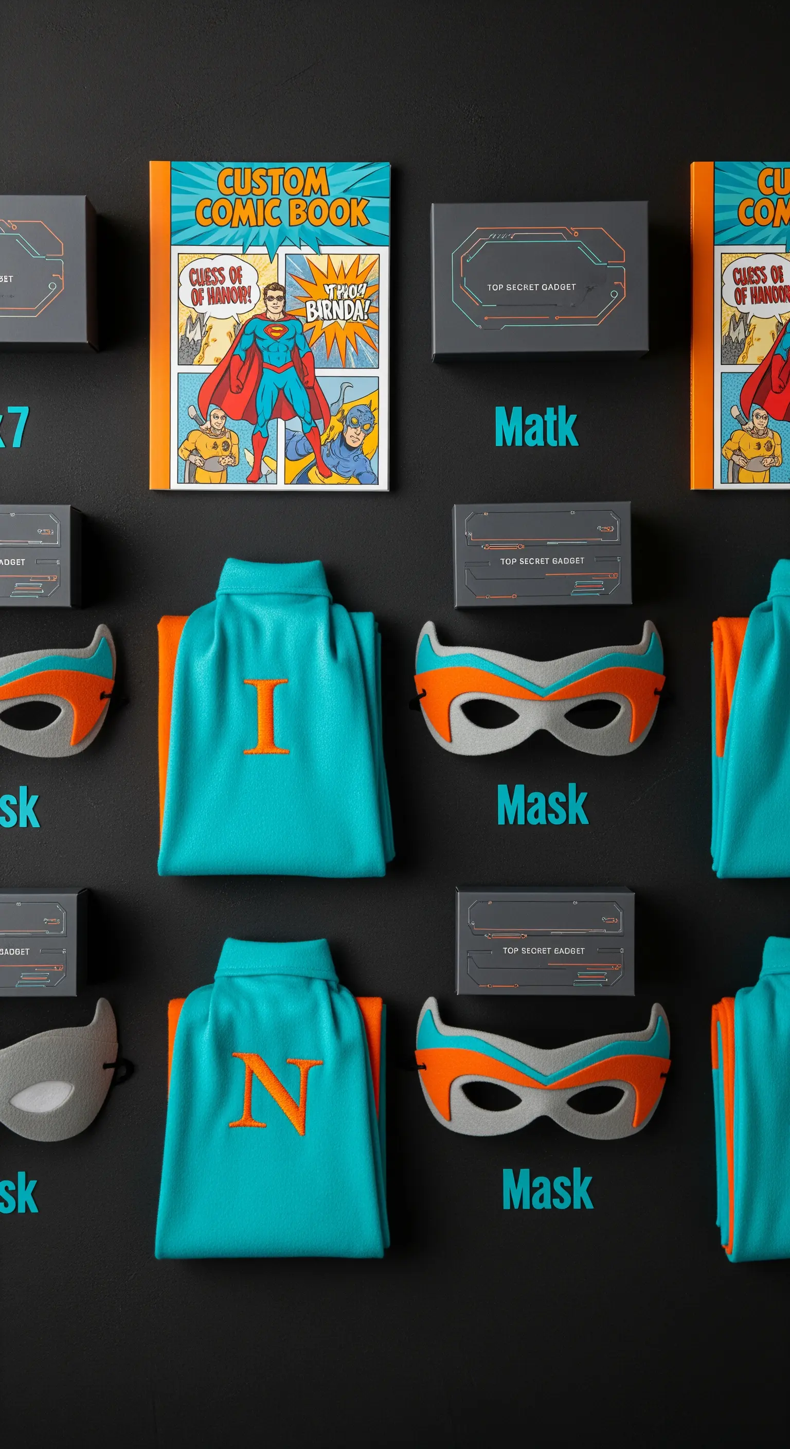 Kit di gadget personalizzati per supereroi: maschere, mantelli e fumetti.