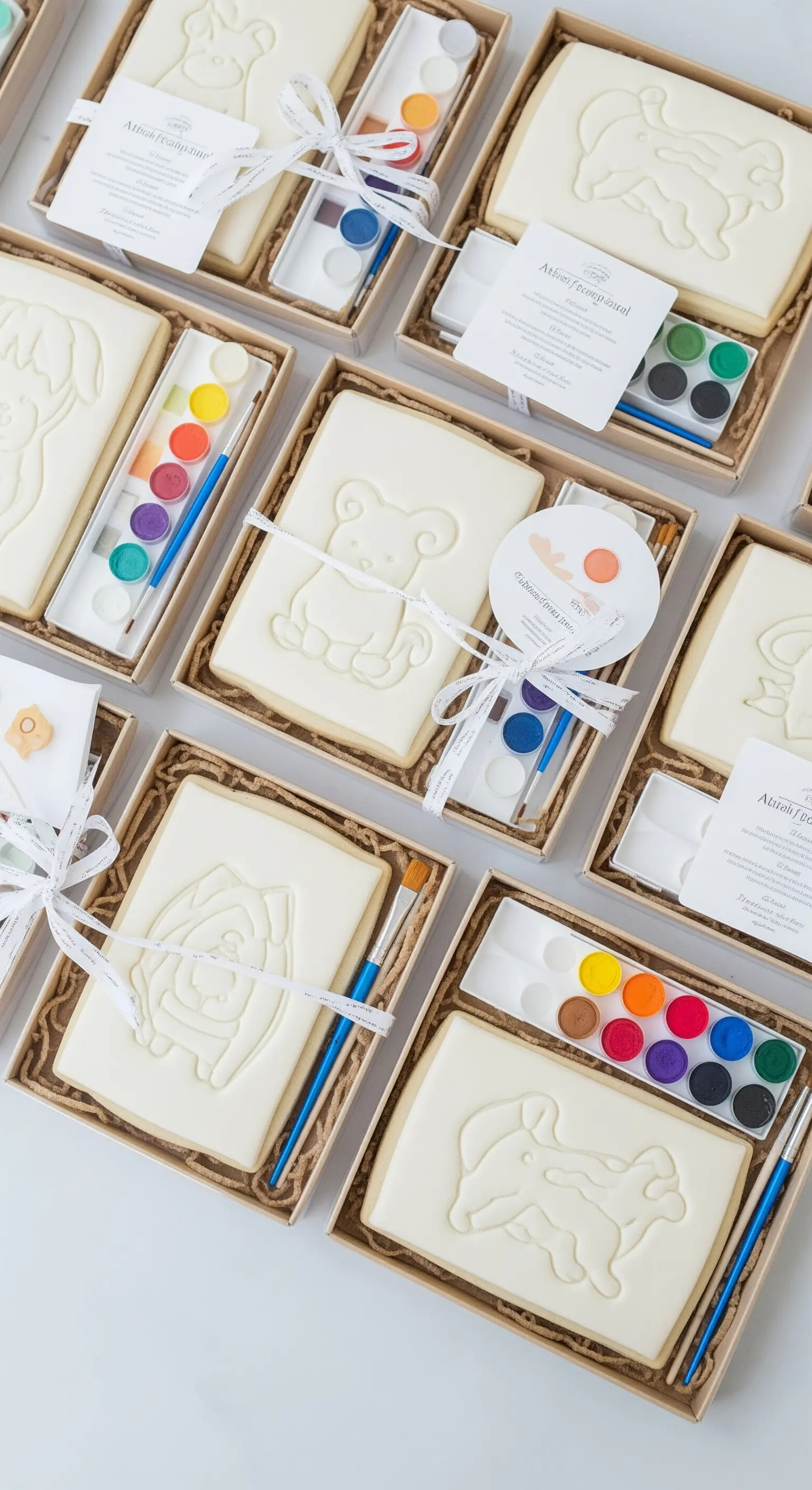 Kit fai-da-te per dipingere biscotti, confezionati in scatole con colori alimentari e pennelli.