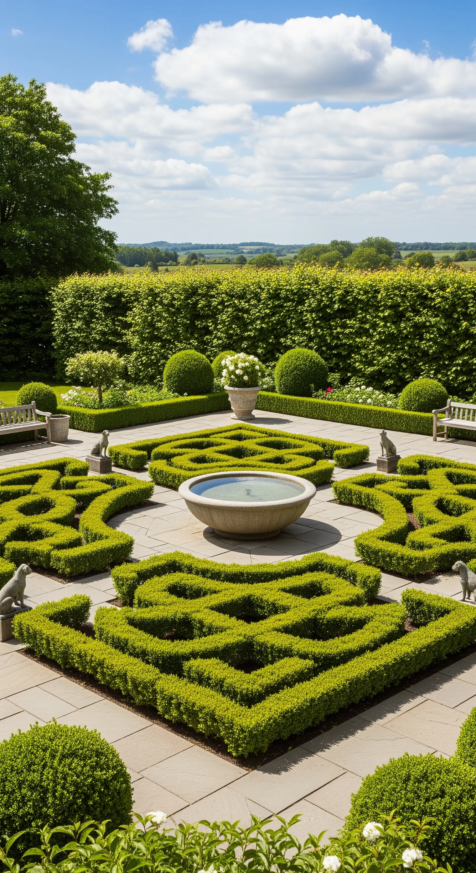Giardino con siepi di bosso potate a formare un intricato disegno labirintico su un patio in pietra.