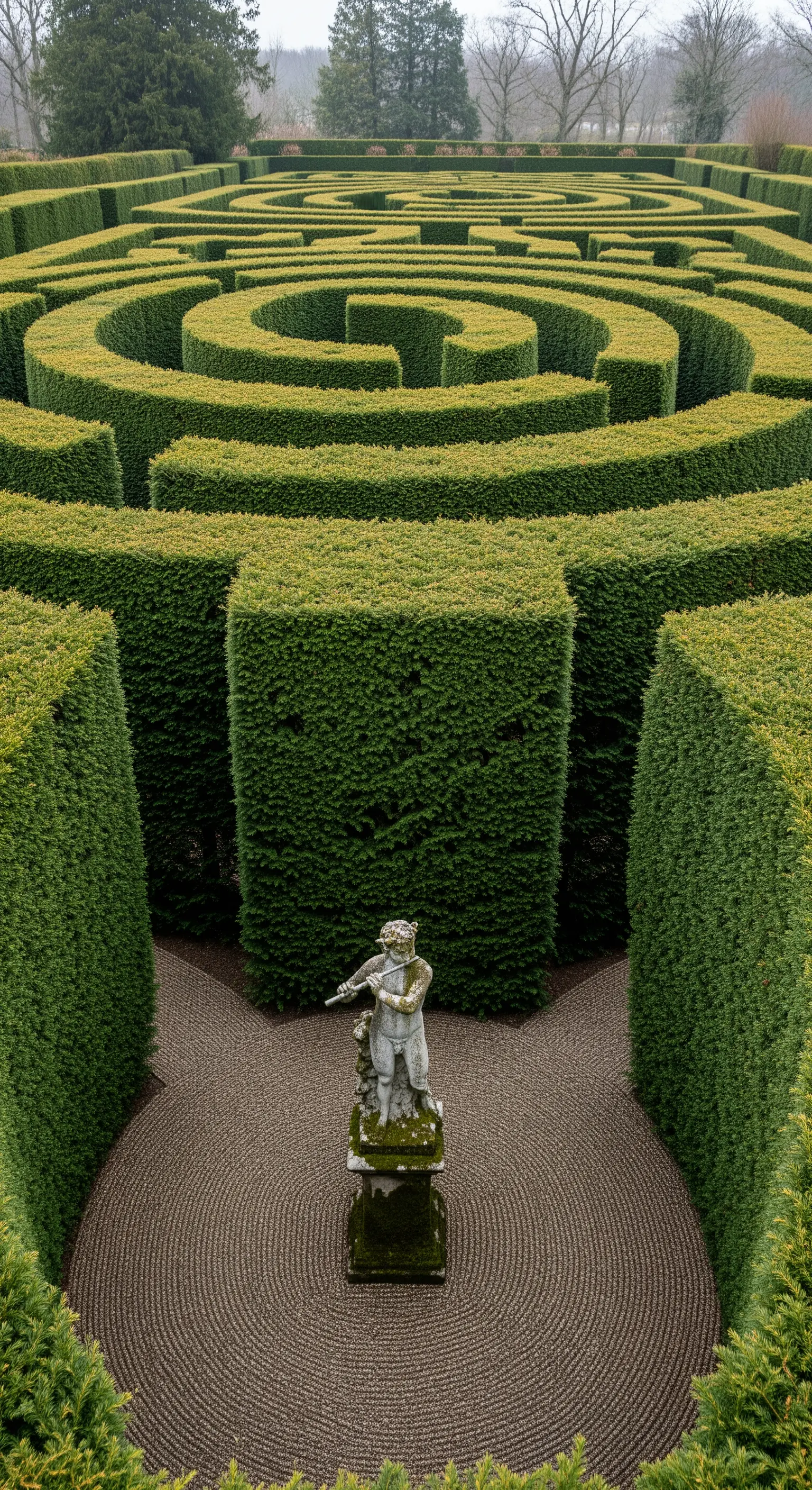 Labirinto di siepi verdi con al centro una statua classica su un piedistallo.