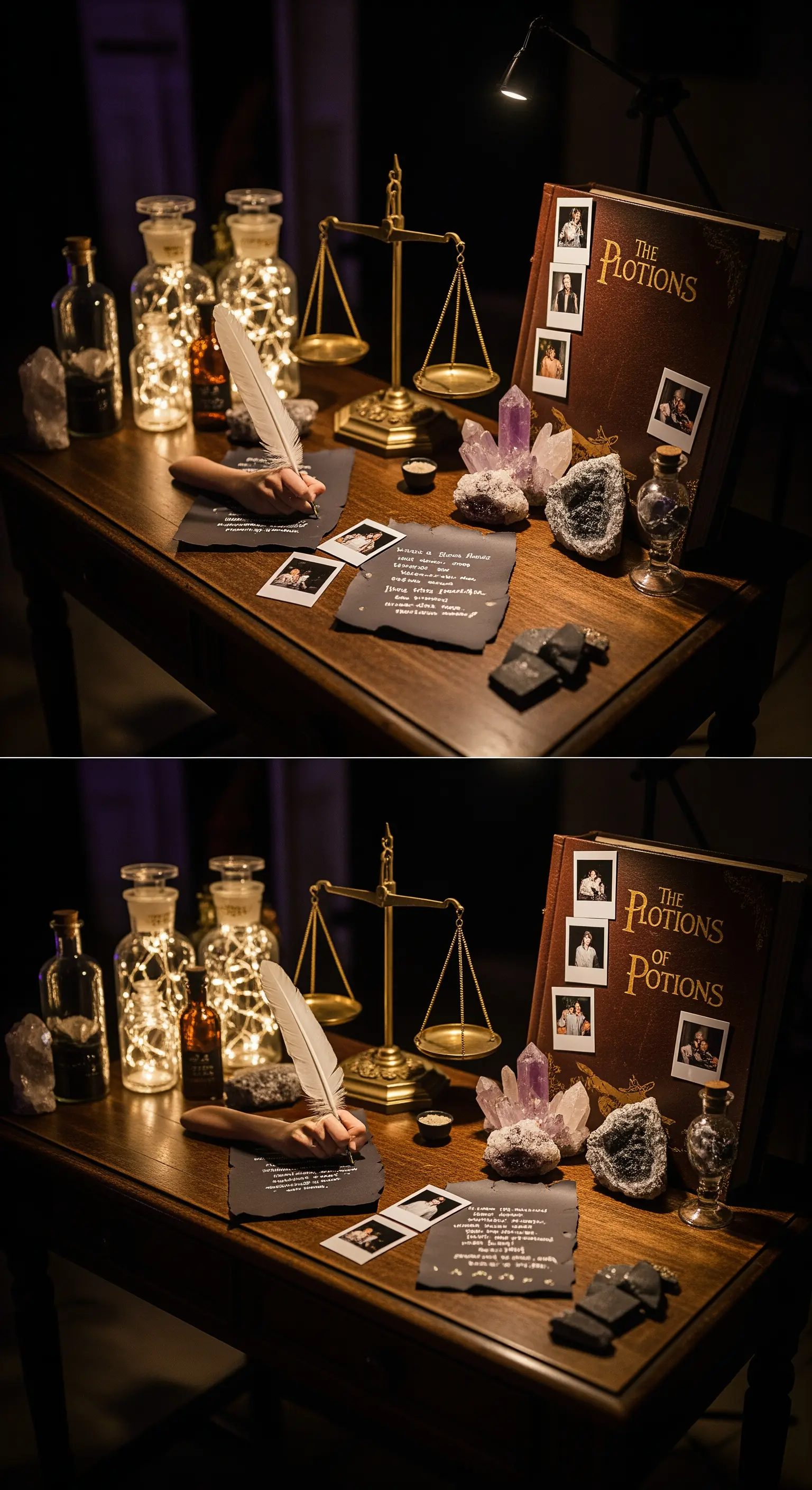 Tavolo in stile alchimista con bilancia, cristalli, e un libro usato come guestbook a tema pozioni.