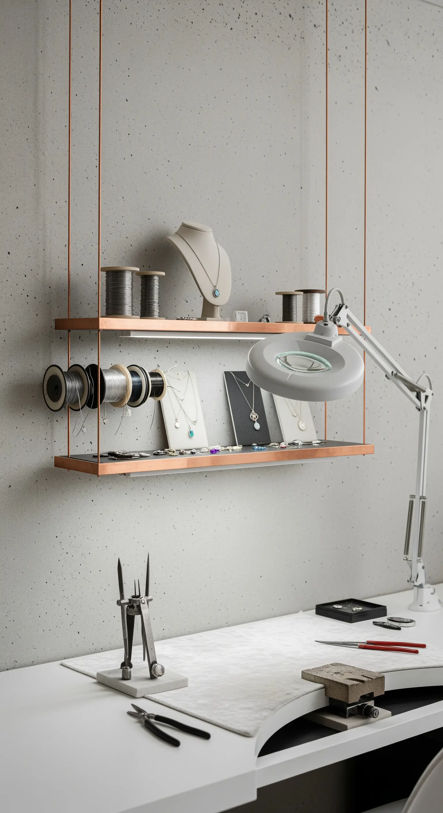 Banco da lavoro per gioielli con mensole sospese in rame e lampada con lente.