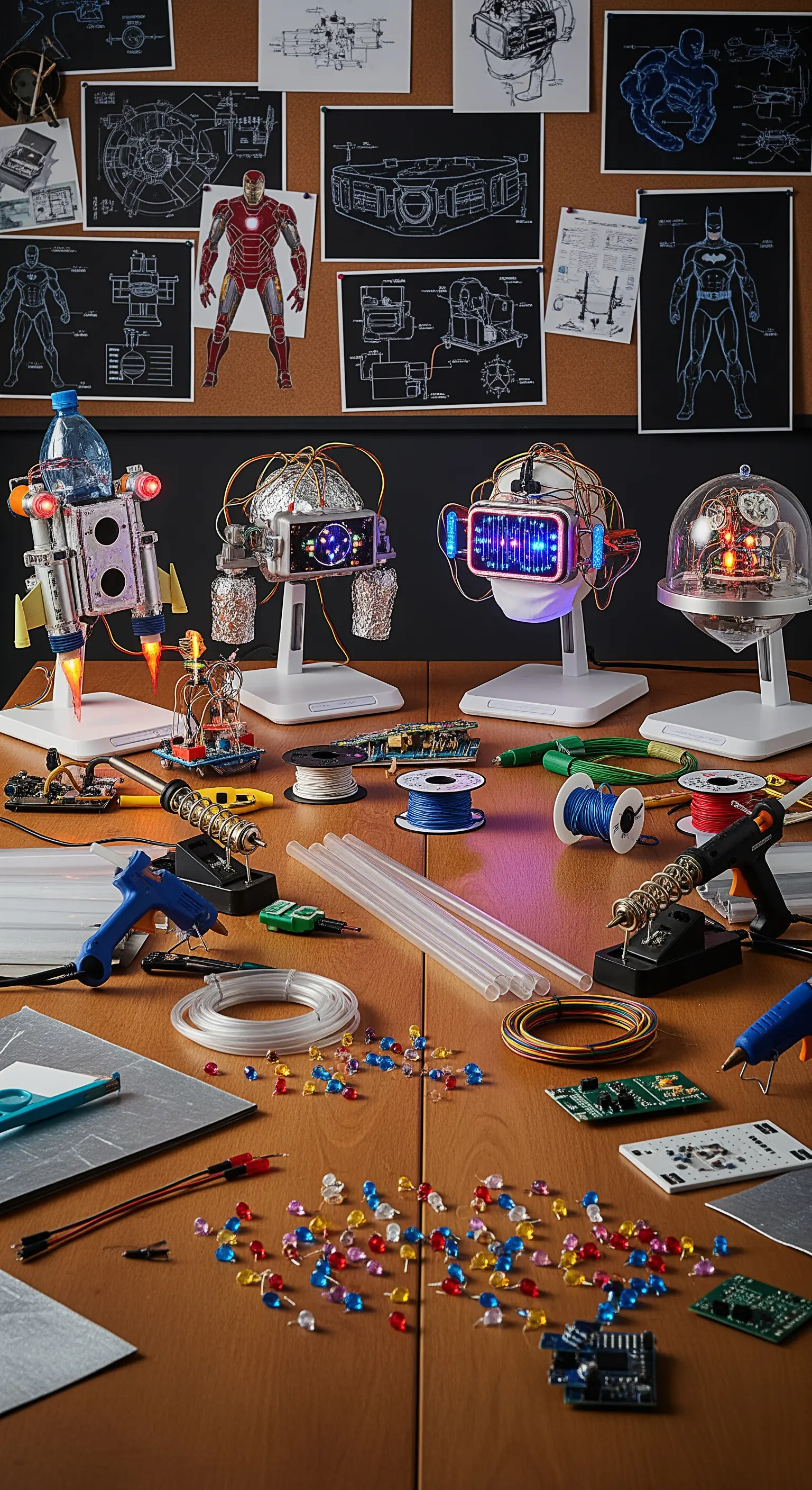 Tavolo da lavoro con attrezzi e materiali per creare gadget da supereroe fai-da-te.