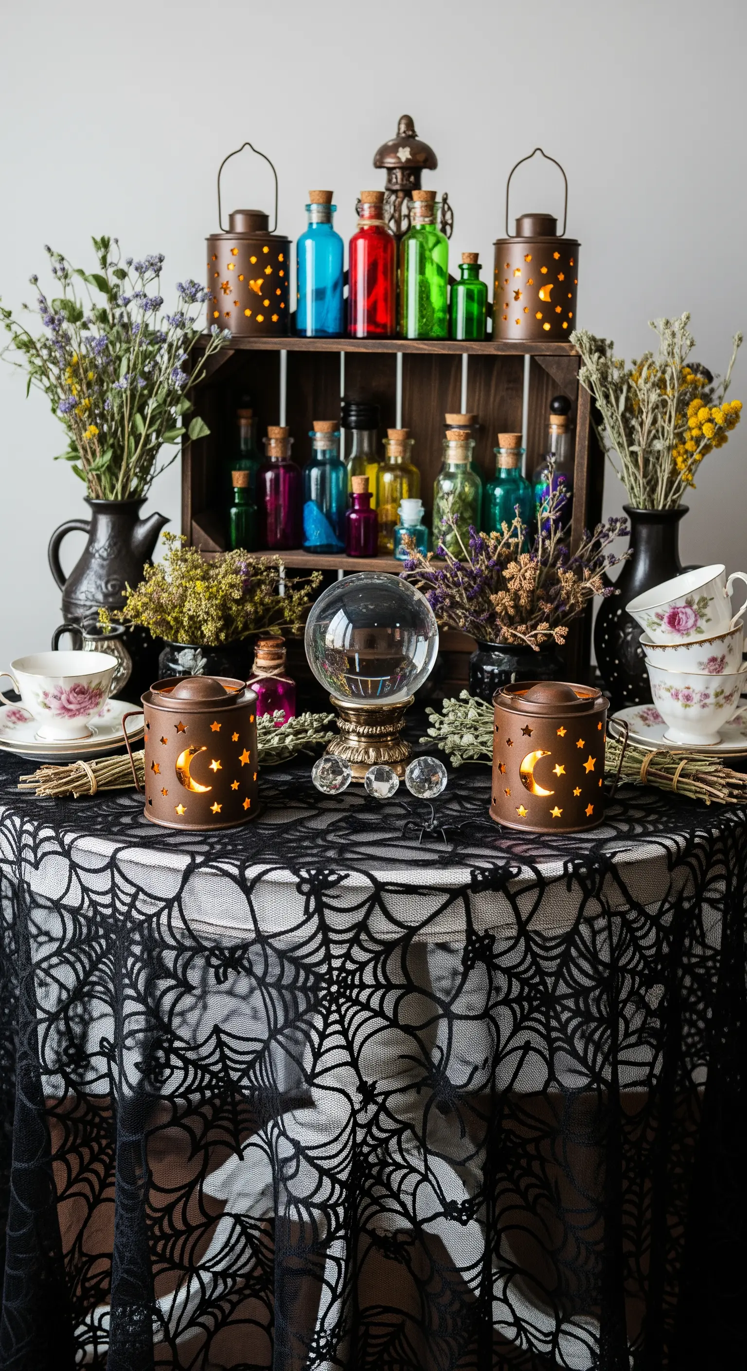 Tavolo da speziale per Halloween con pozioni, sfera di cristallo e pizzo a ragnatela.