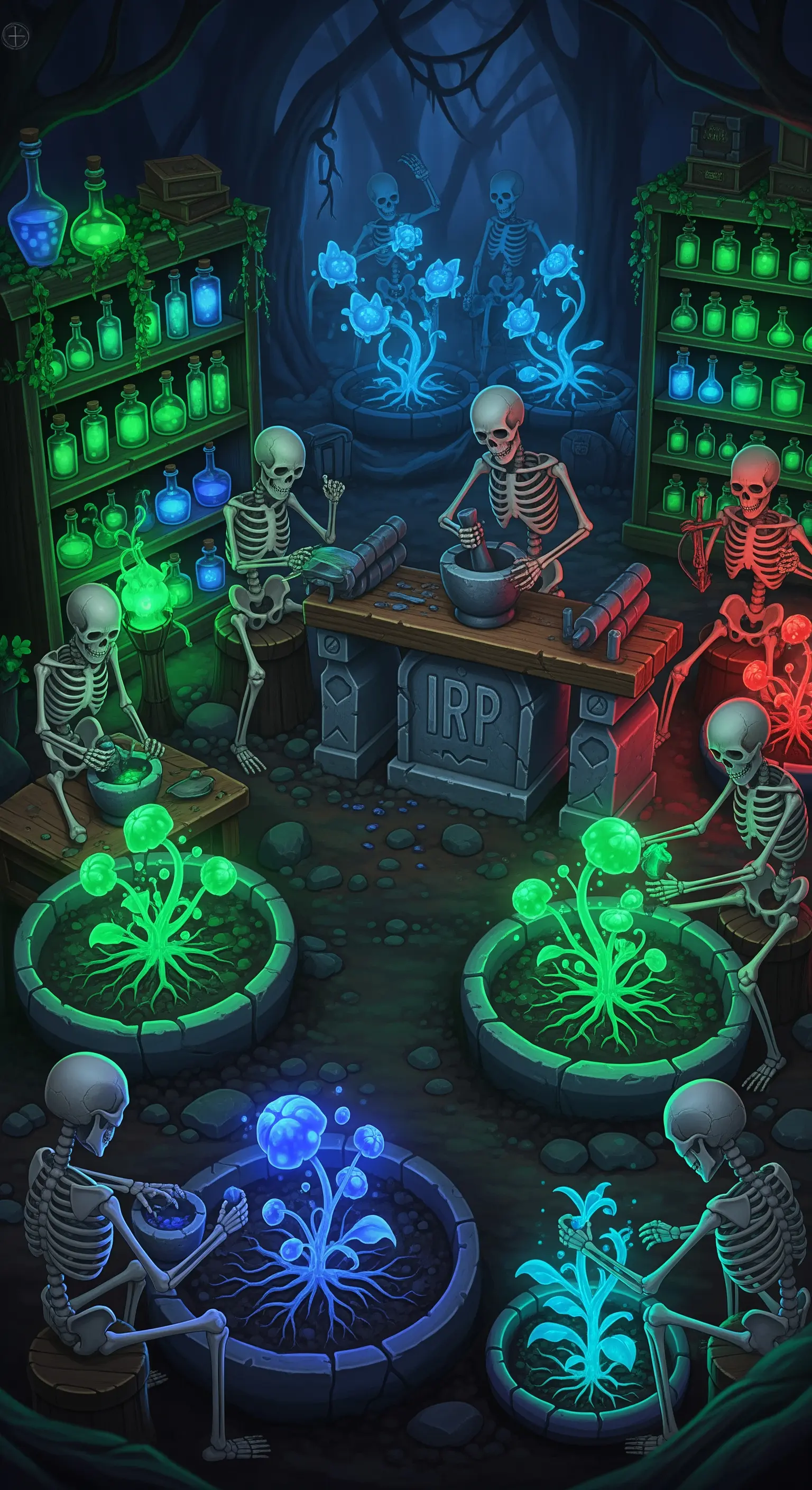 Scheletri in un laboratorio alchemico creano pozioni luminose con luci verdi e blu.