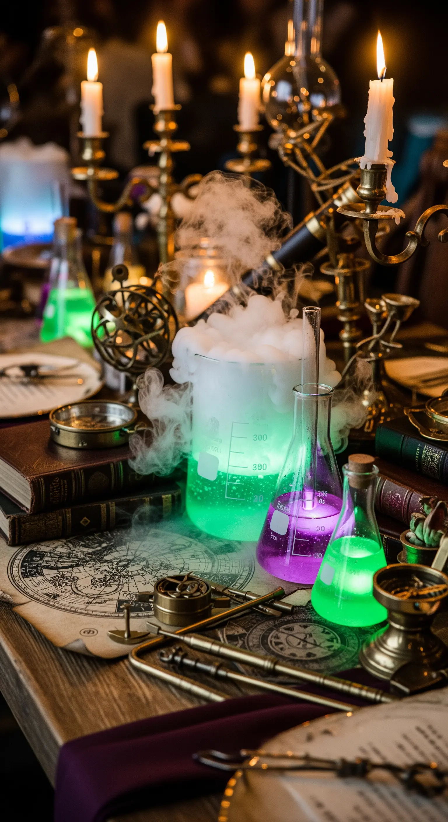 Centrotavola a tema alchimia con becher fumanti, libri antichi, candele e strumenti scientifici.