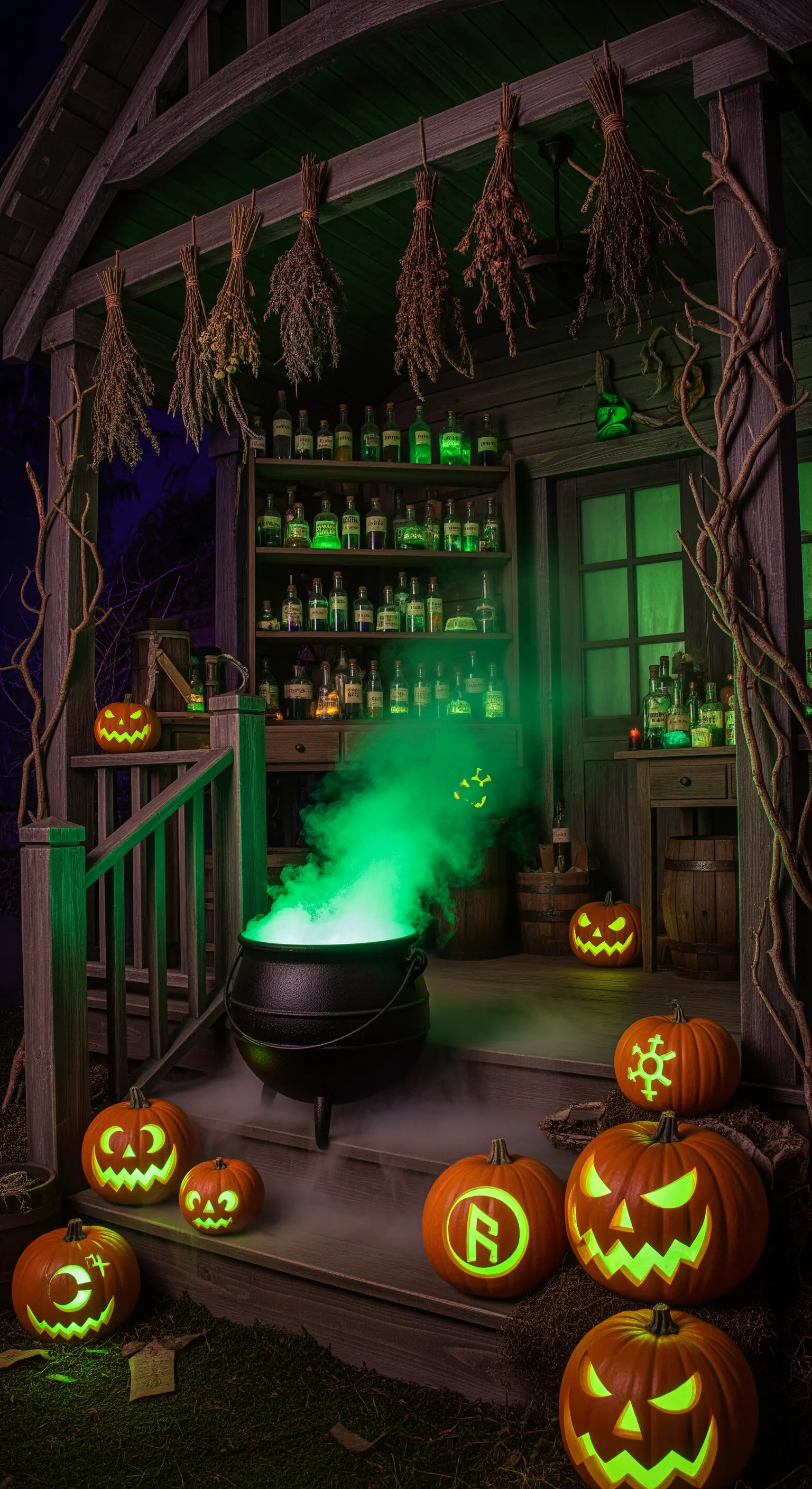 Allestimento a tema laboratorio della strega con calderone fumante e scaffali pieni di pozioni.