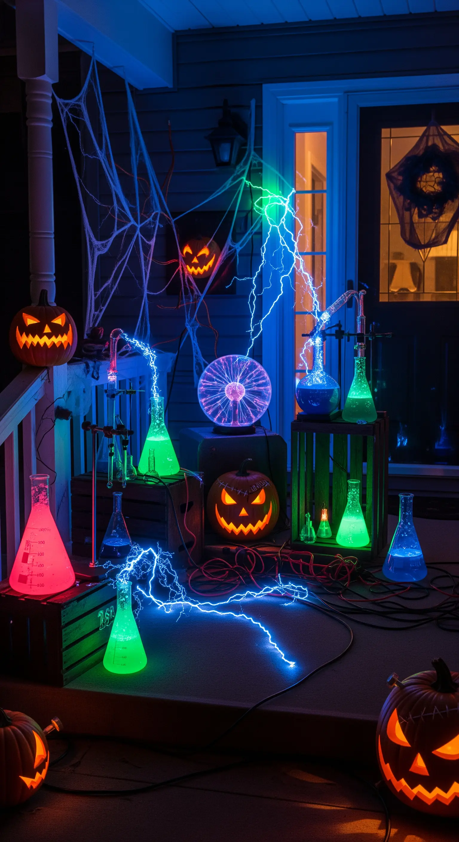 Un angolo del portico allestito come un laboratorio scientifico pazzo con luci al neon e sfere al plasma.