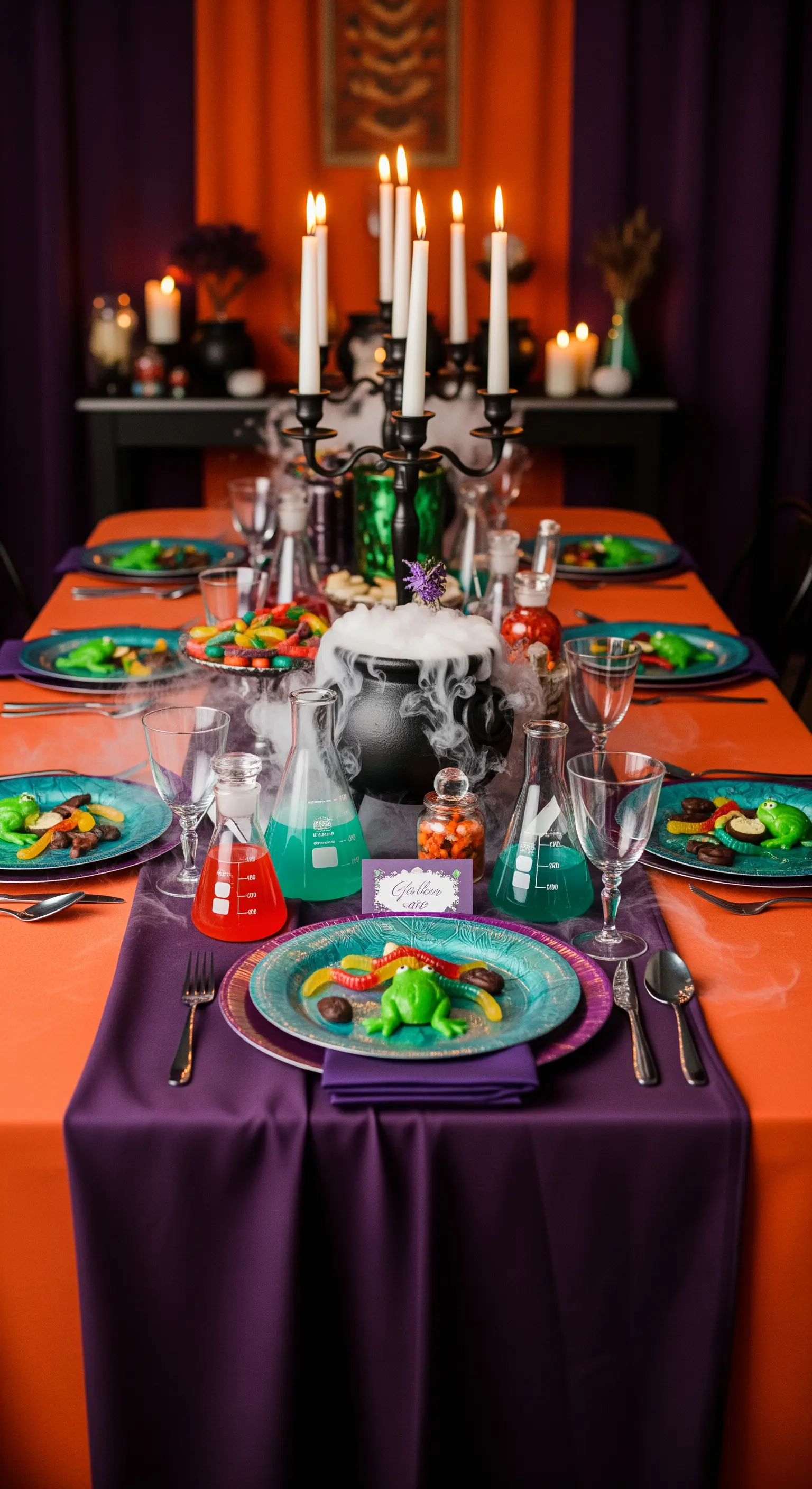 Tavola di Halloween a tema laboratorio con calderone fumante, becher e liquidi colorati.