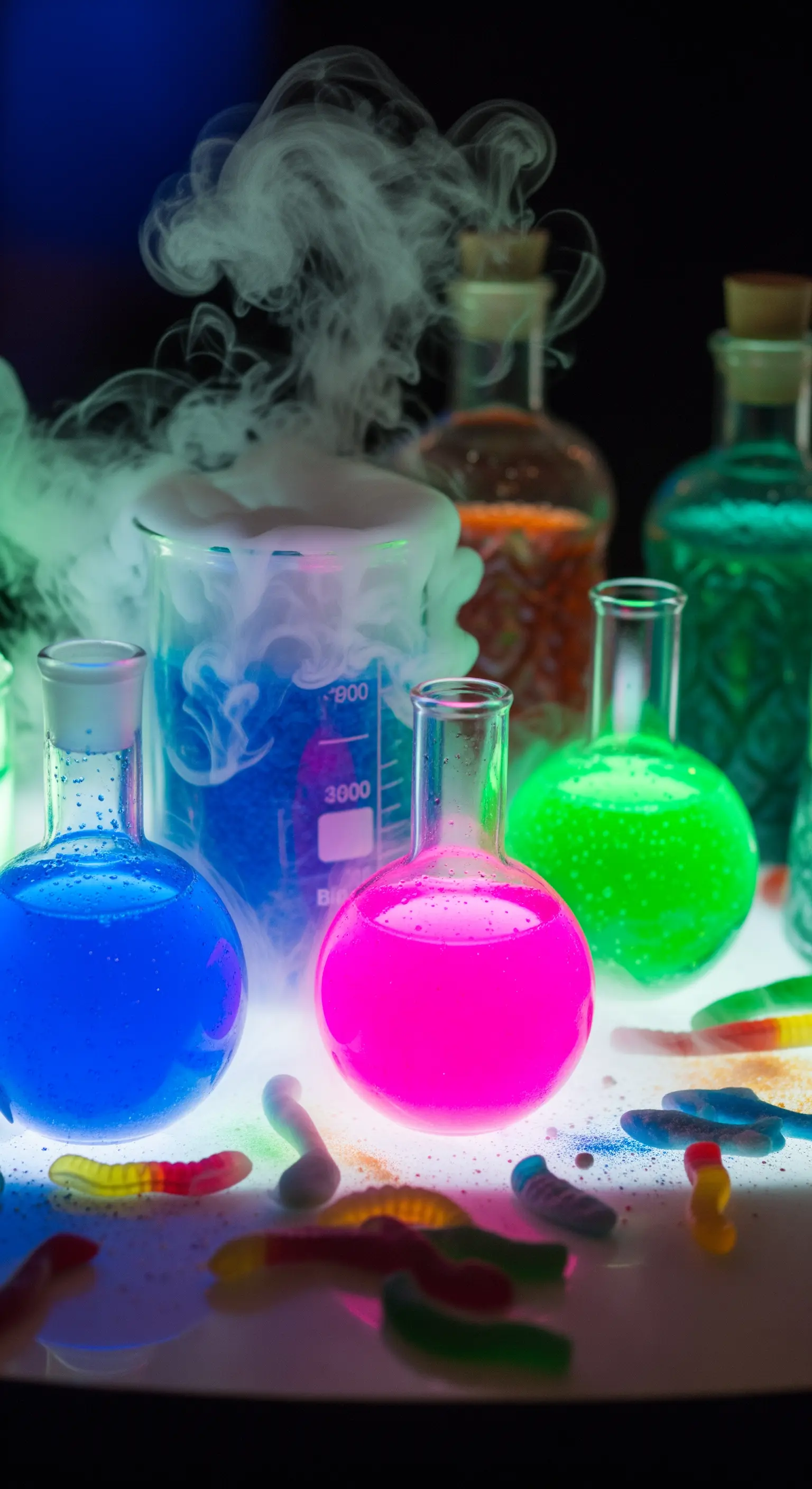 Pozioni colorate e fumanti in becher da laboratorio per una festa di Halloween a tema scienza.