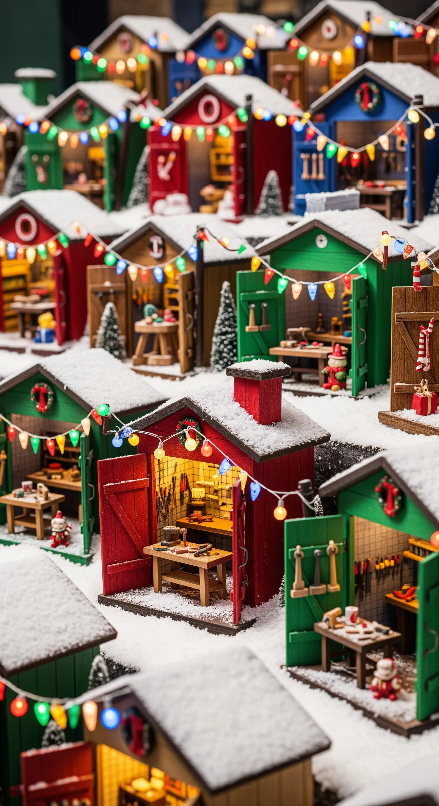Villaggio di Natale che riproduce i laboratori degli elfi con luci e dettagli interni.