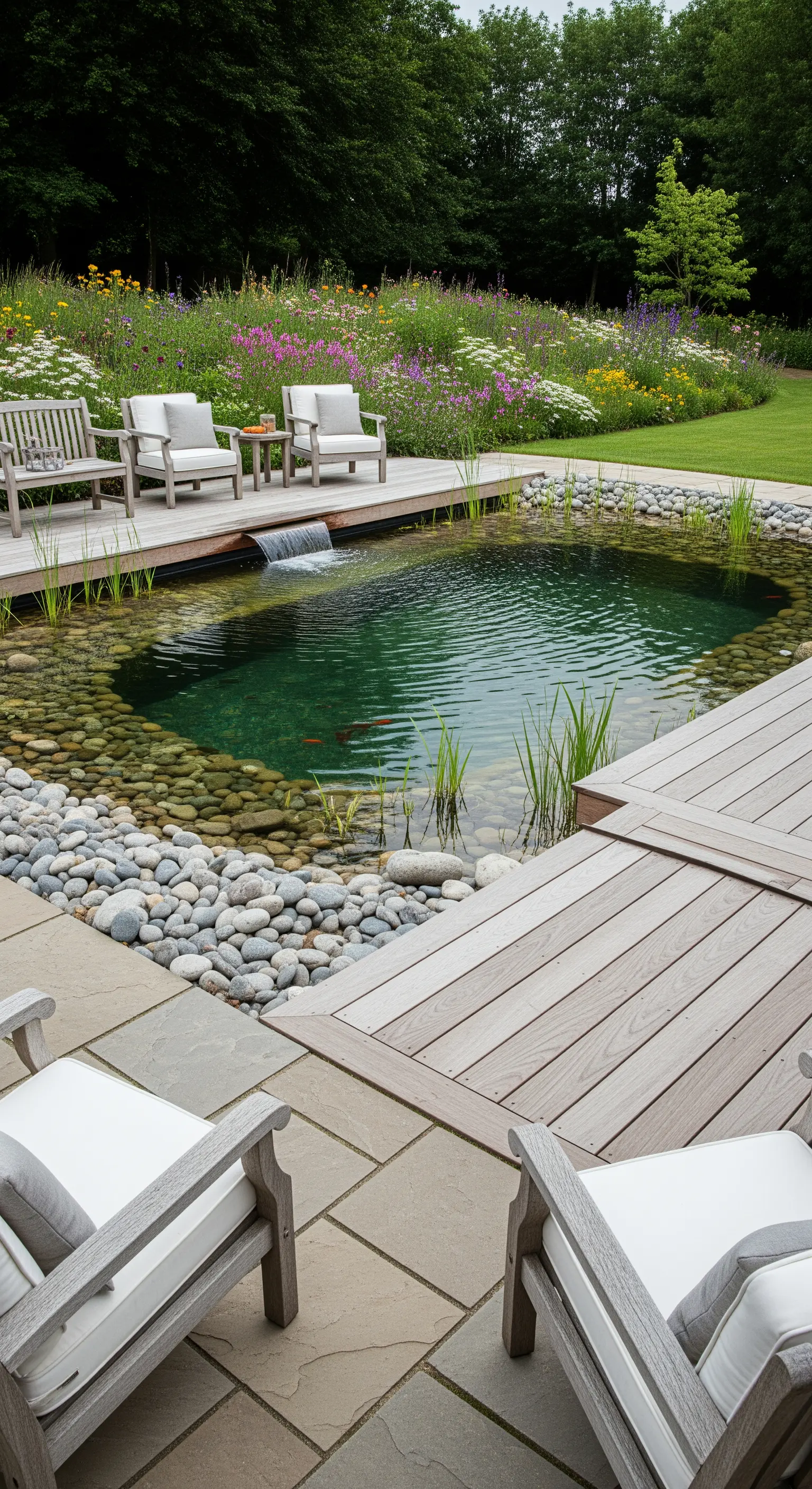Piscina naturale con bordi in sassi, deck in legno e vegetazione acquatica rigogliosa