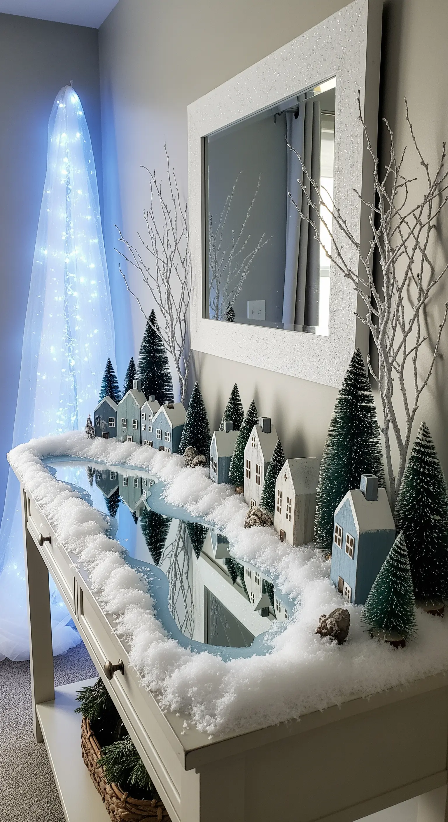 Villaggio natalizio con case e alberi disposti attorno a uno specchio che simula un lago.