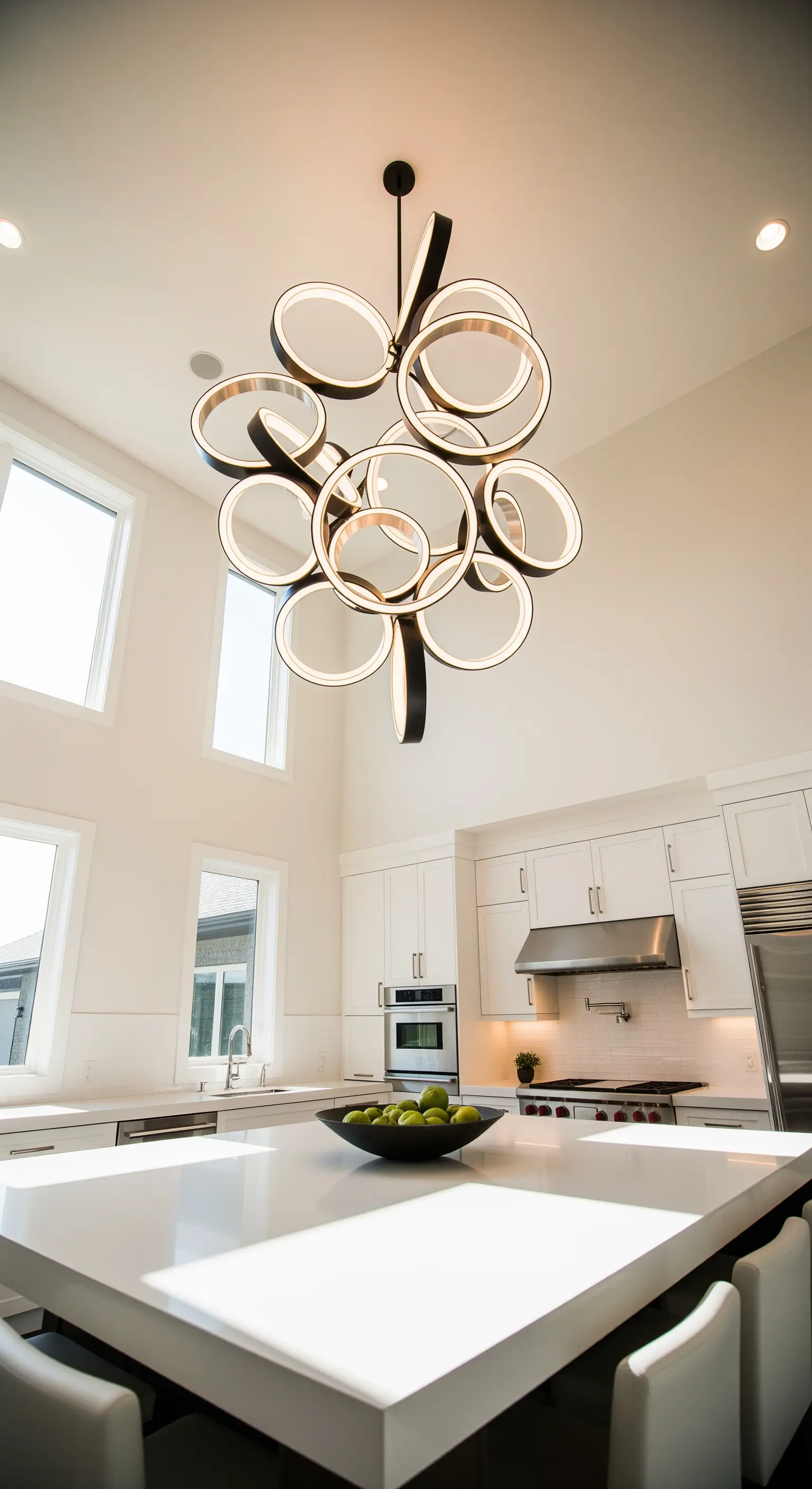 Grande lampadario scultoreo a LED con anelli neri e bianchi in una cucina con soffitto alto.