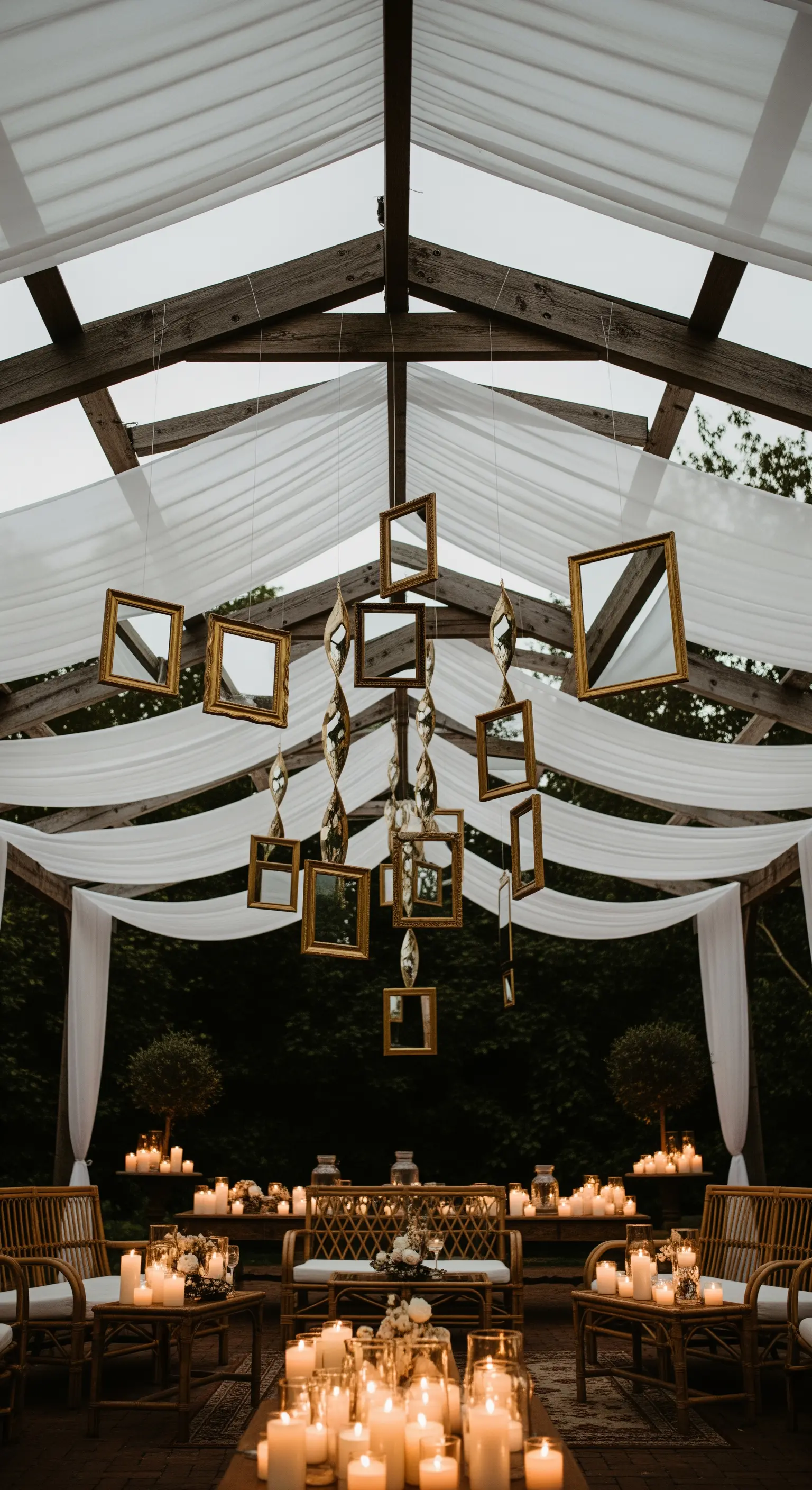 Installazione artistica con specchi e cornici dorate sospese al soffitto di un gazebo.