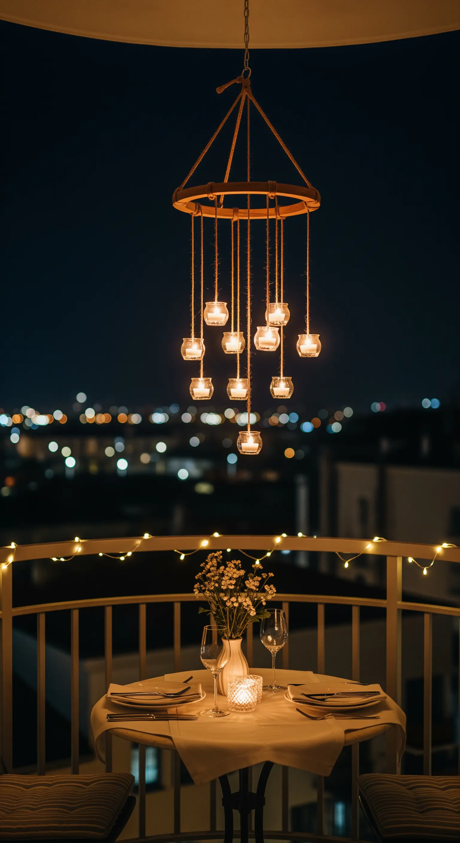 Lampadario fai-da-te realizzato con un anello e barattoli di vetro con candele, sospeso sopra un tavolo