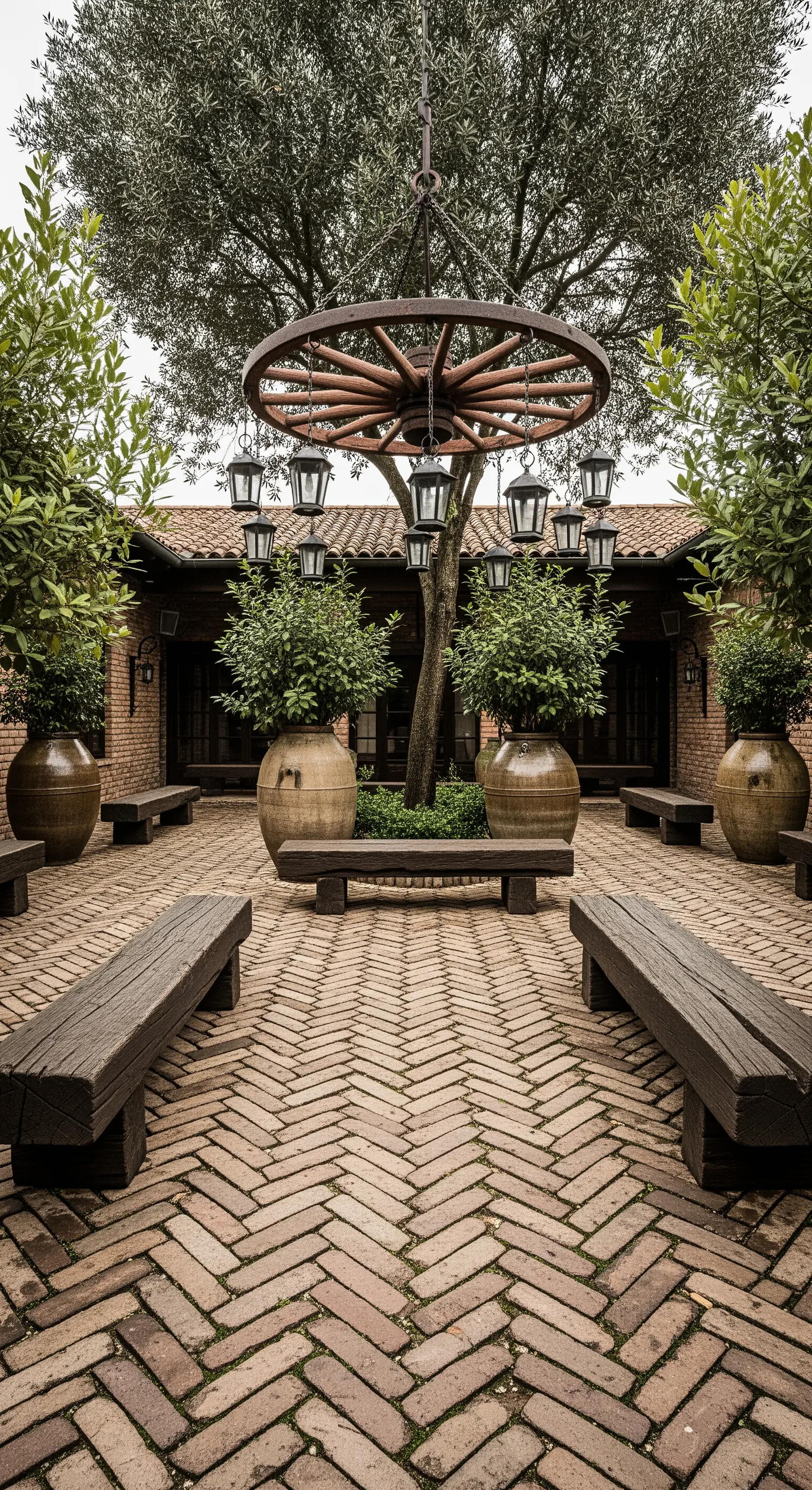 Cortile con un grande lampadario fatto con una ruota di carro e lanterne appese.