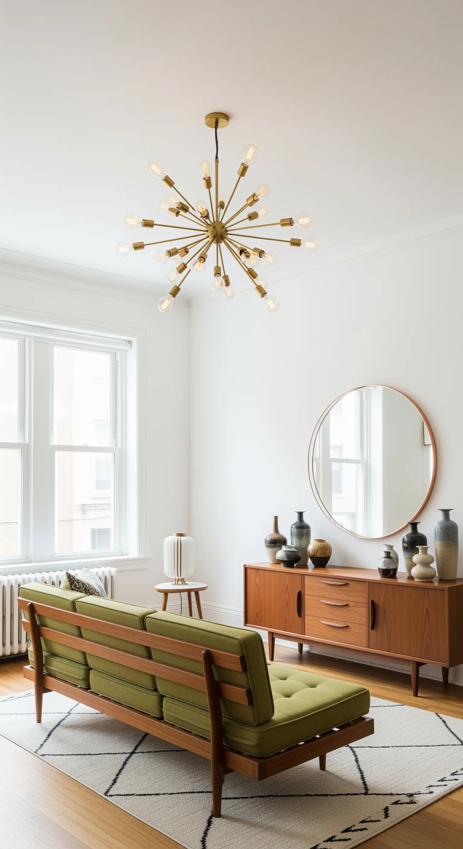 Soggiorno Mid-Century con divano verde e un grande lampadario sputnik dorato.