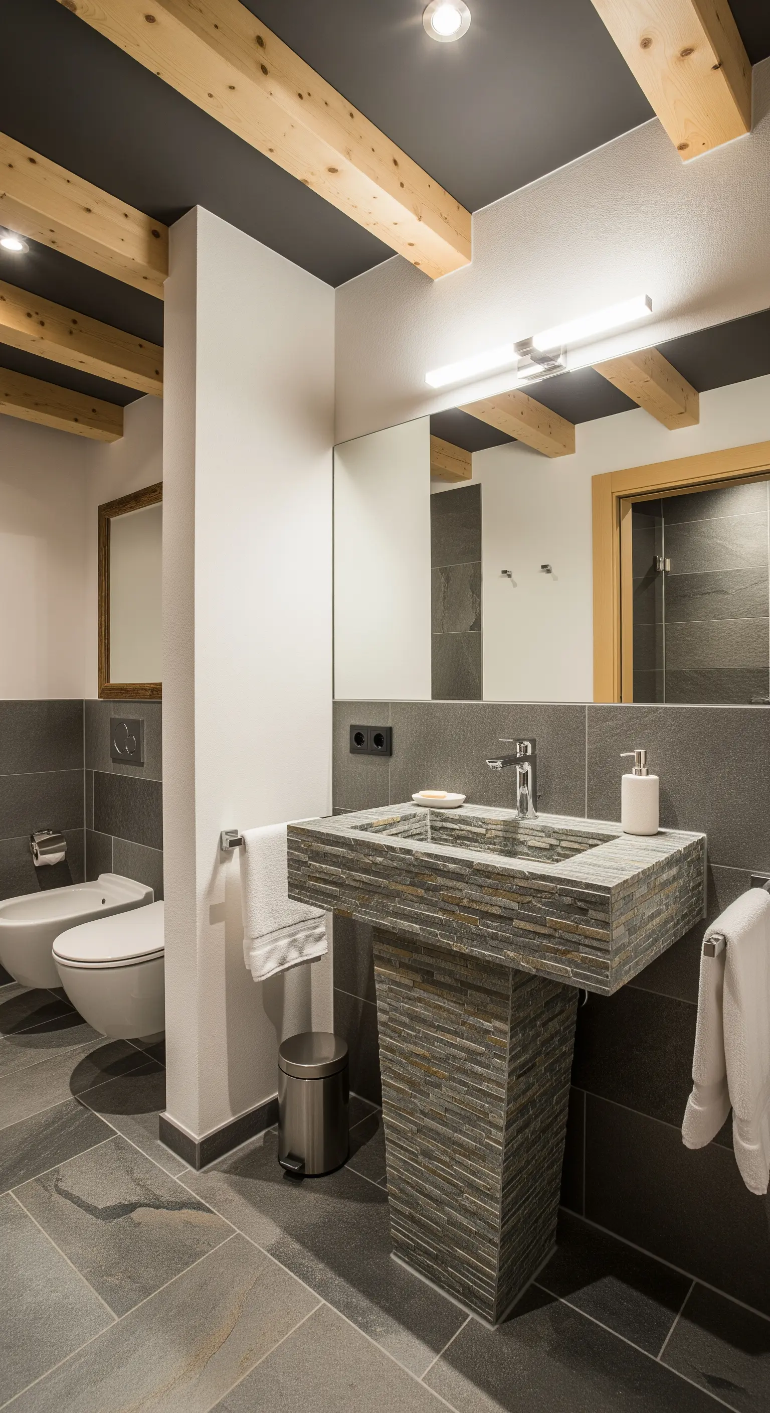 Bagno moderno con lavabo a colonna in ardesia, pavimento in pietra e travi in legno chiaro.