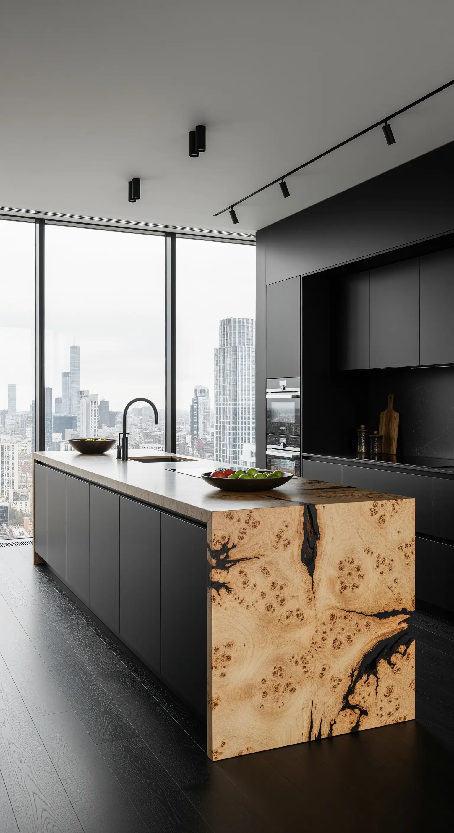 Isola cucina nera con un pannello laterale scultoreo in legno di radica dalle venature evidenti.