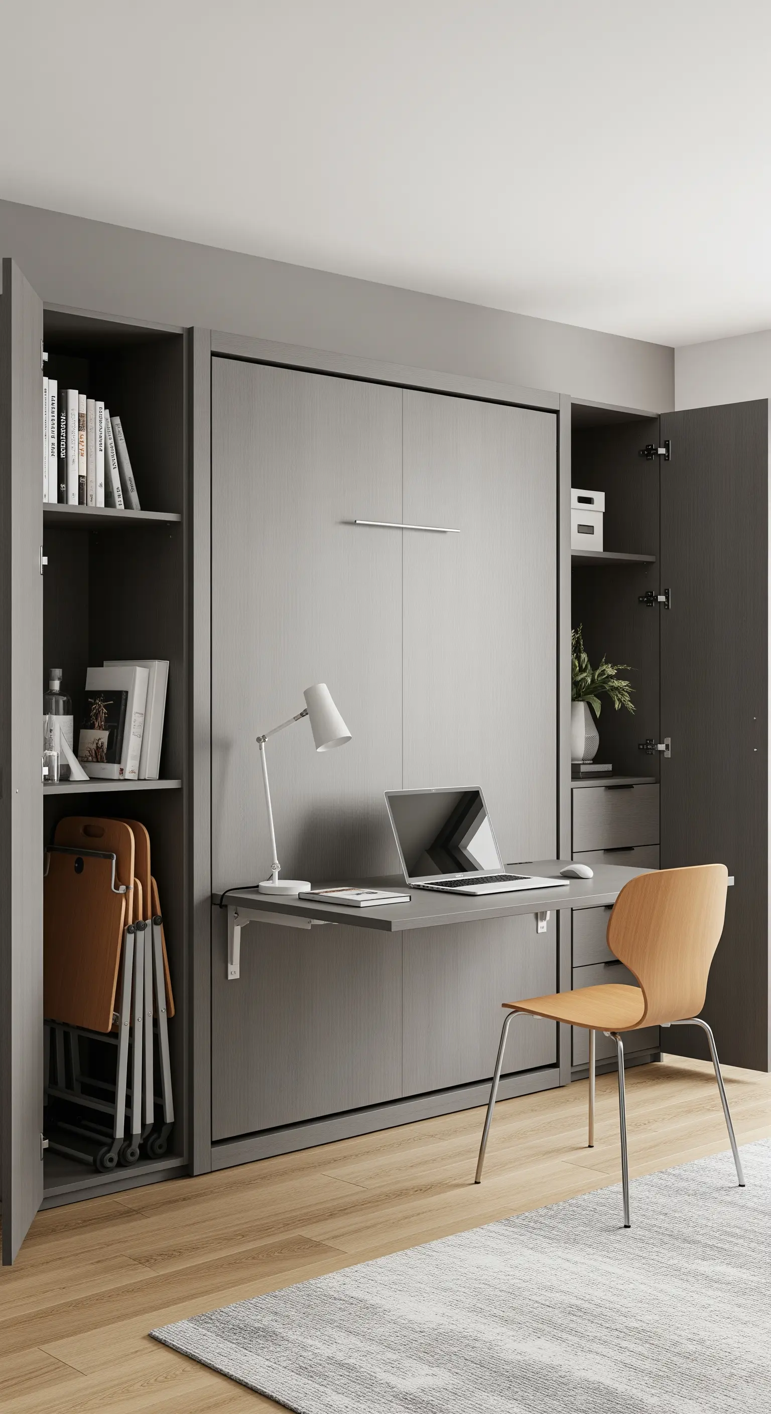 Letto a scomparsa grigio con scrivania a ribalta integrata e sedia in legno.