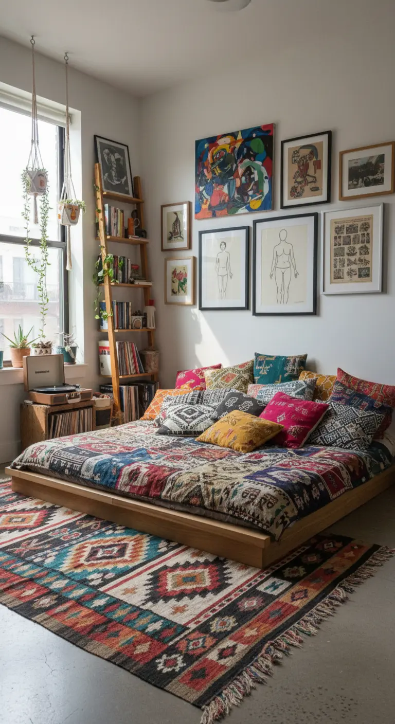 Letto basso trasformato in daybed con tantissimi cuscini colorati e una gallery wall.