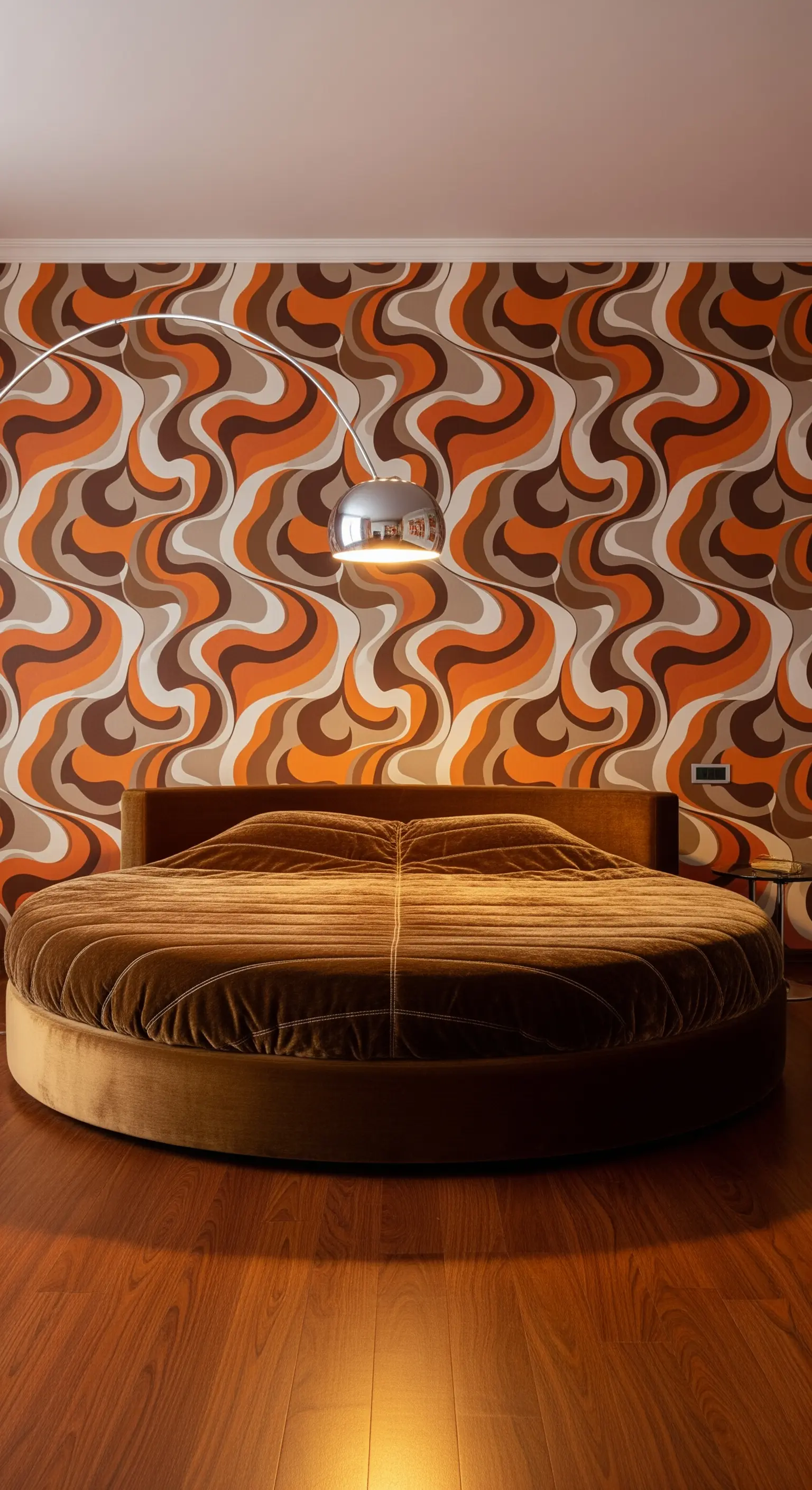 Letto rotondo in velluto marrone davanti a una carta da parati psichedelica.