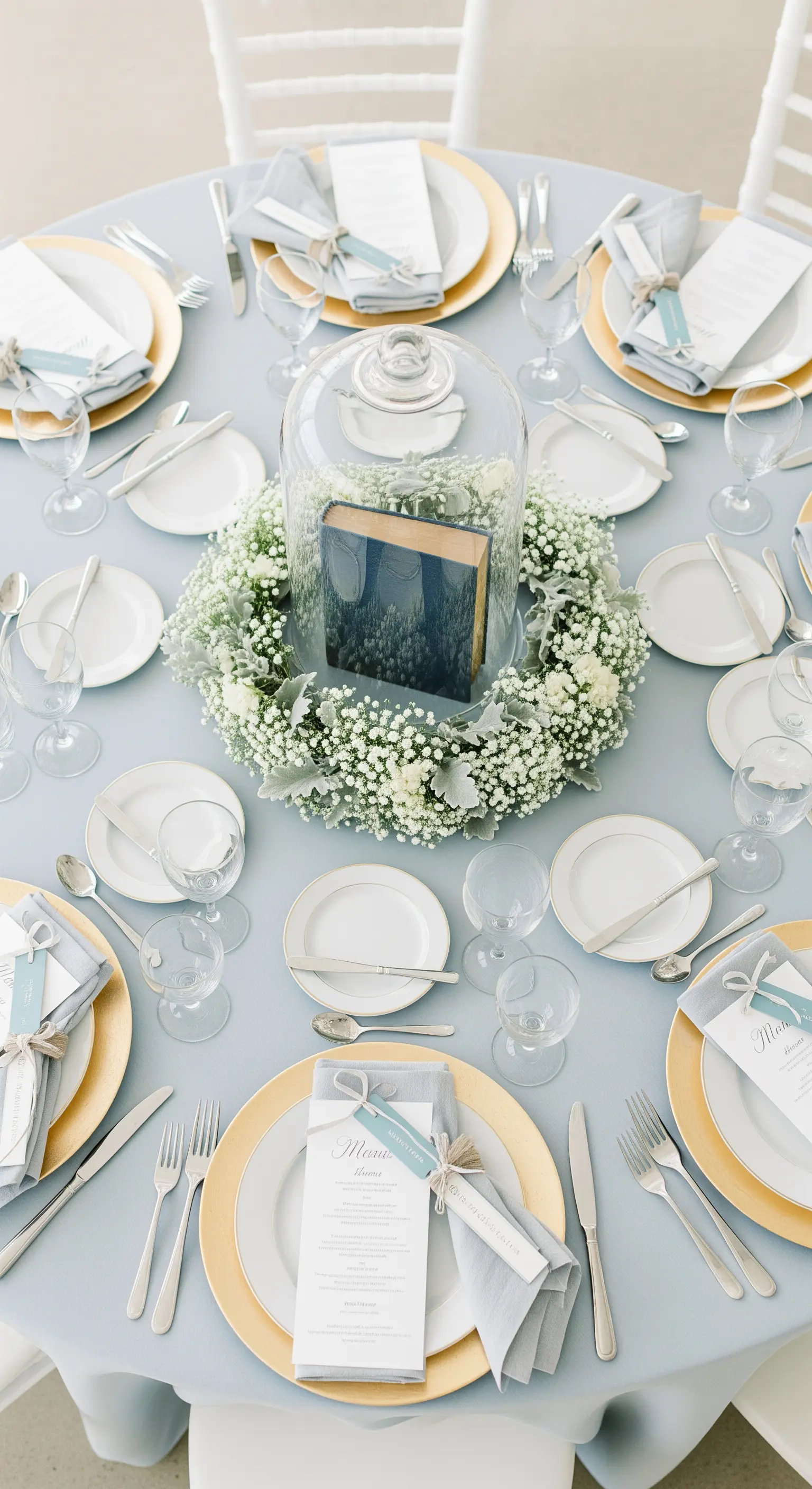 Centrotavola con libro sotto una campana di vetro, circondato da fiori bianchi.