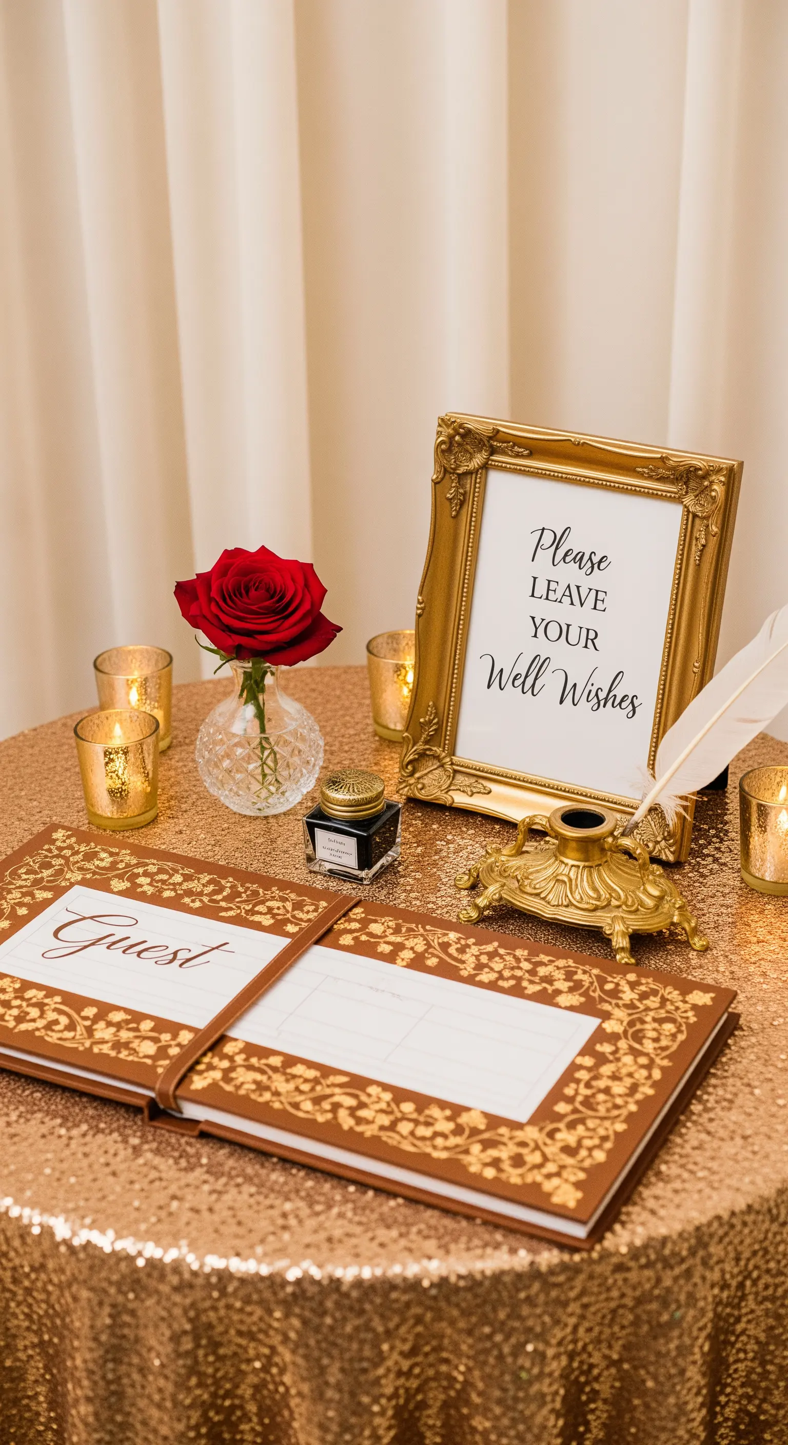 Tavolo del guest book con tovaglia dorata, libro degli ospiti, penna a piuma e candele.