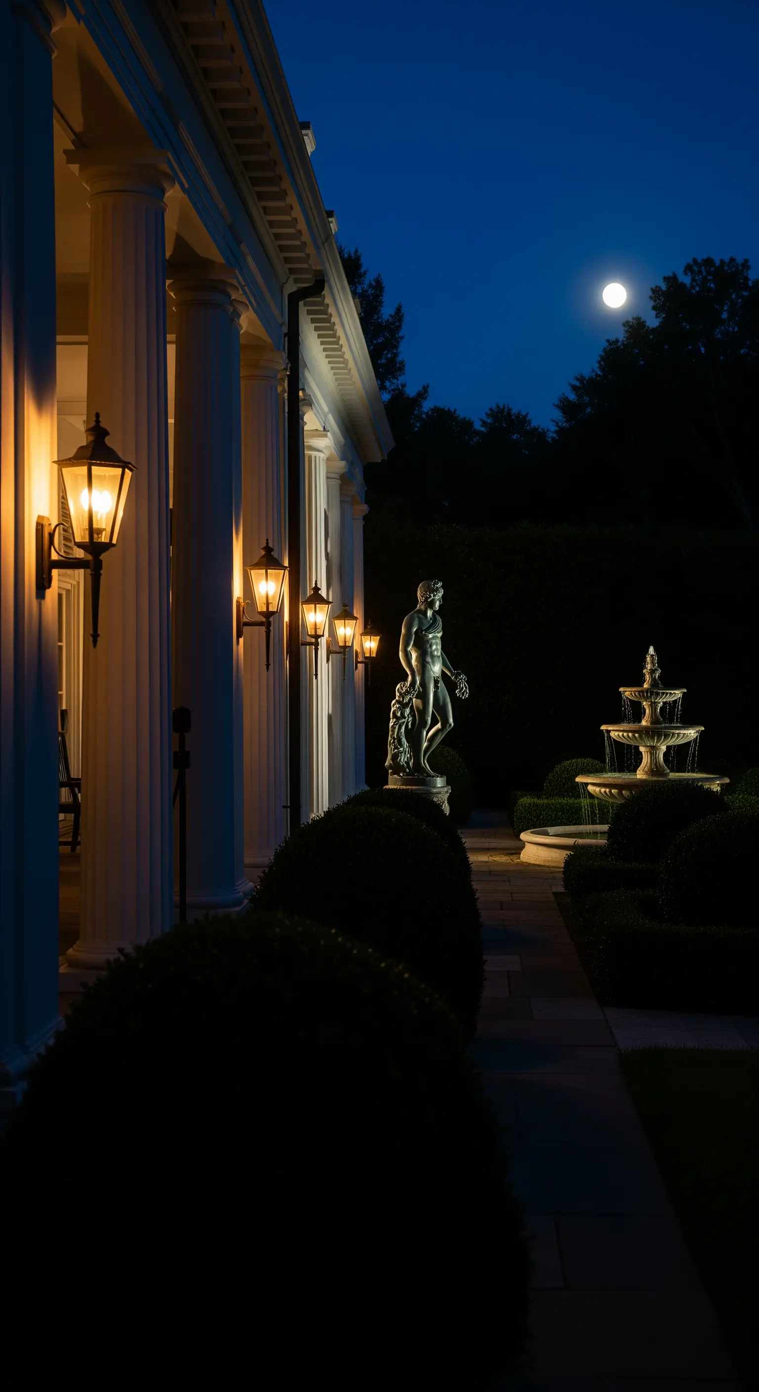Portico classico illuminato di notte da lanterne a muro calde, con statua e fontana in giardino.